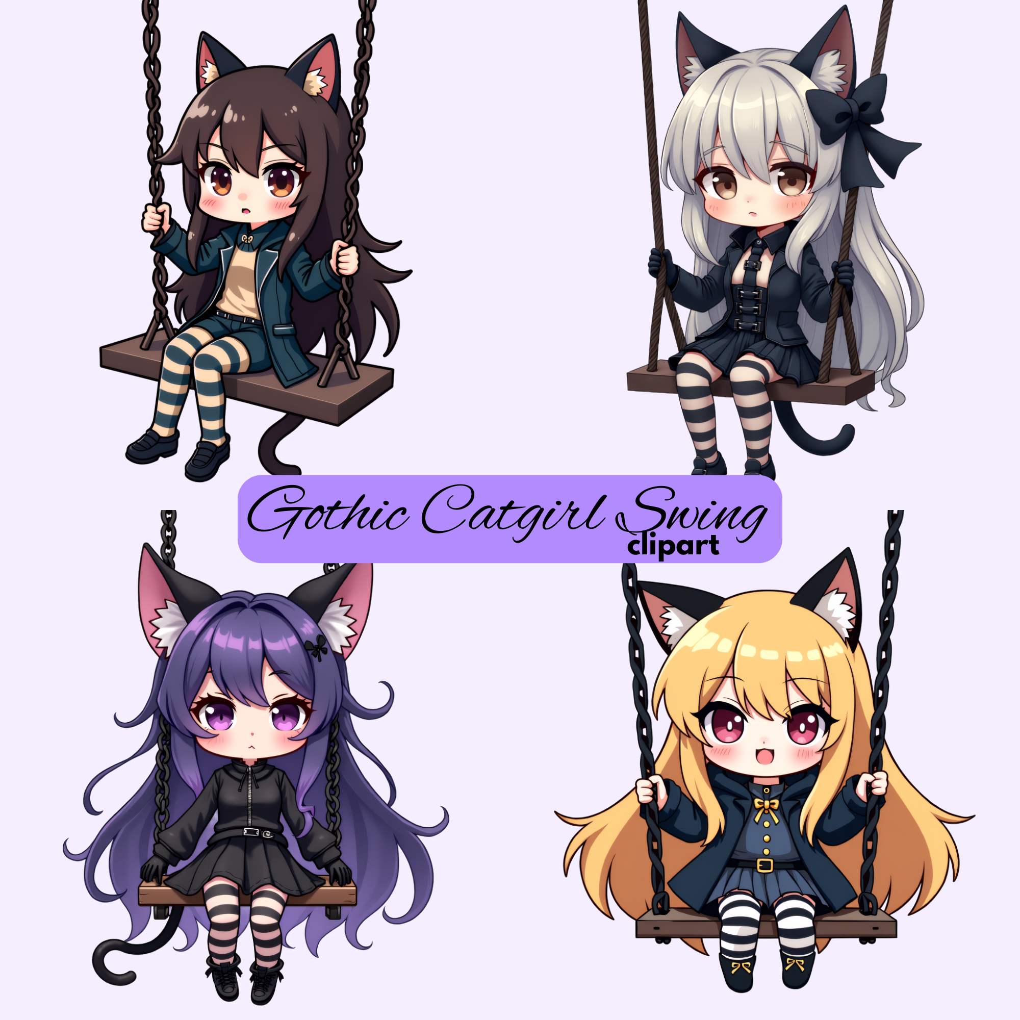 Gothic Catgirl Chibi Clipart Bundle - Kawaii Neko on Swing PNG, halloween images, witch images 