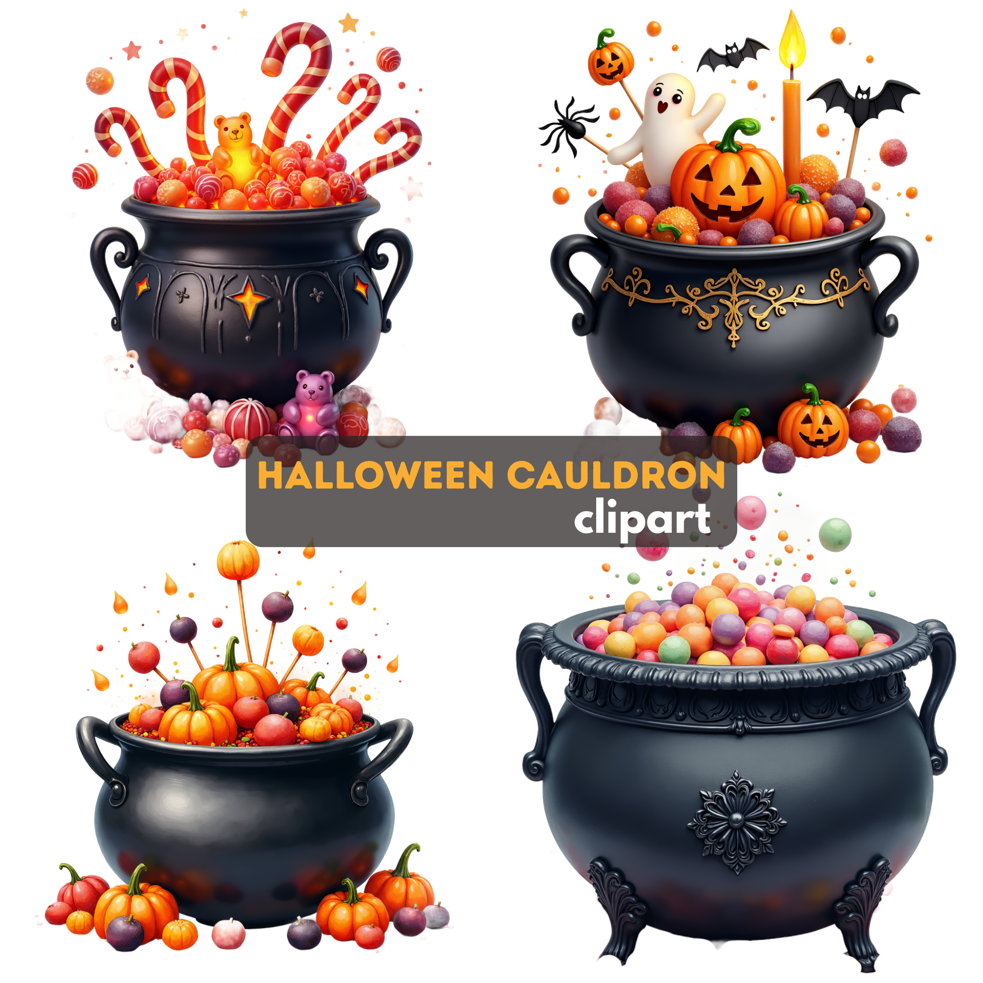 Halloween Cauldron Clipart Bundle PNG Spooky Candy Digital Art for Fall Crafts Free Halloween Clipart Bundle