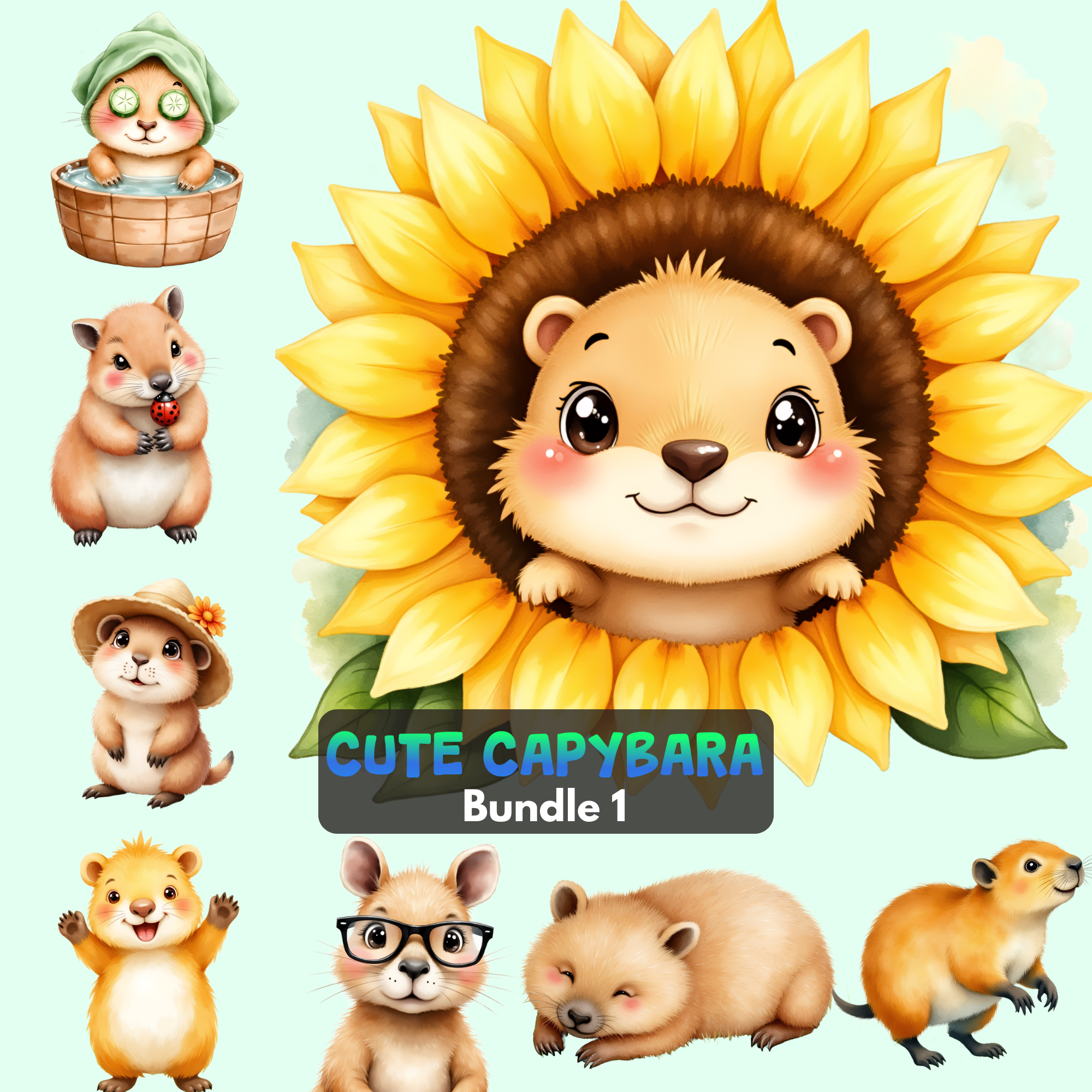 Cute Capybara Clipart Bundle Adorable PNGs Graphics Pack Instant Download Animal Clipart for Crafts | Commercial Use