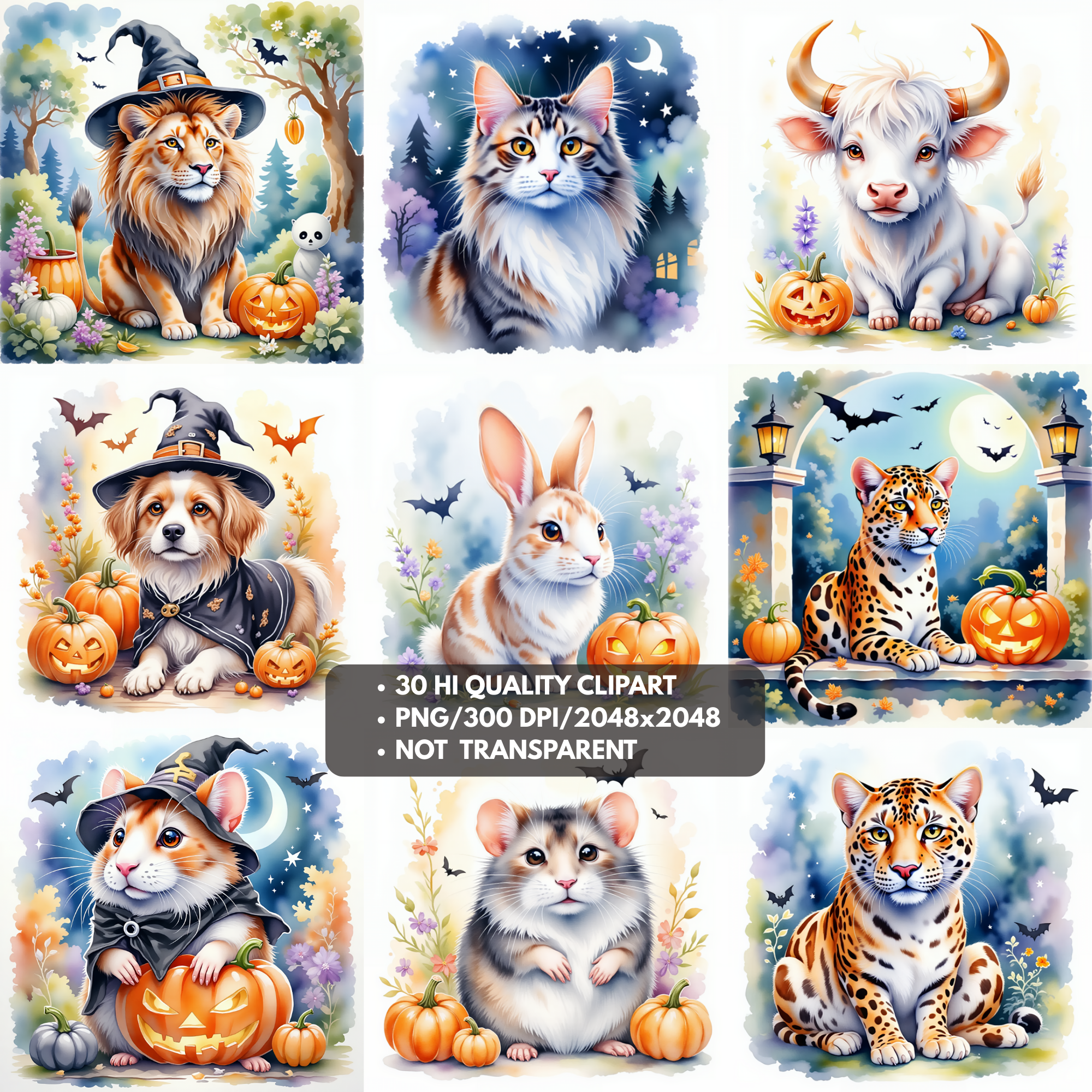 Halloween Animals Clipart Bundle Cute Witch Hat & Pumpkin PNGs Digital Download