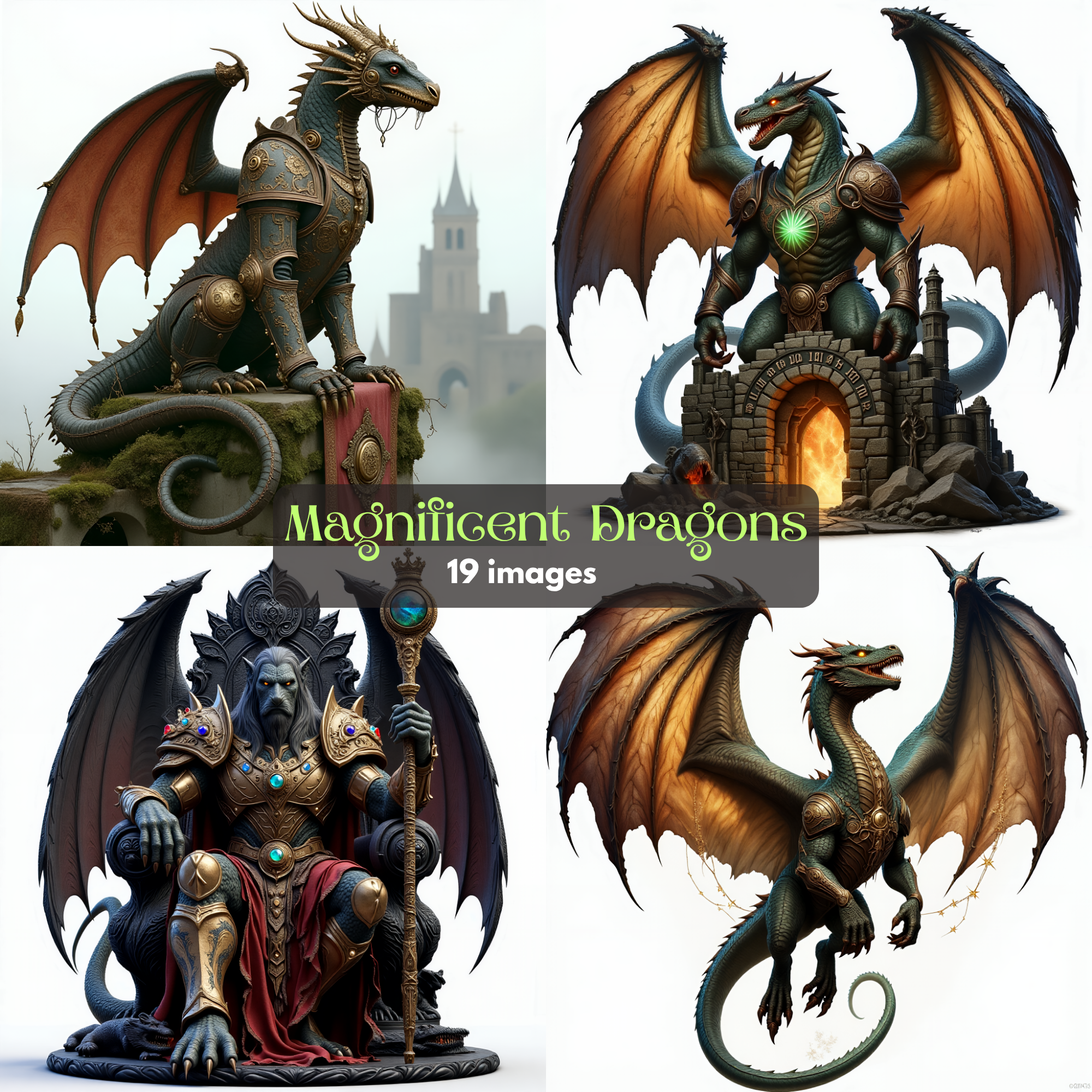 Magnificent Dragons Clipart Bundle - PNGs, Transparent, Majestic Dragon Illustrations Set Dragon Clipart