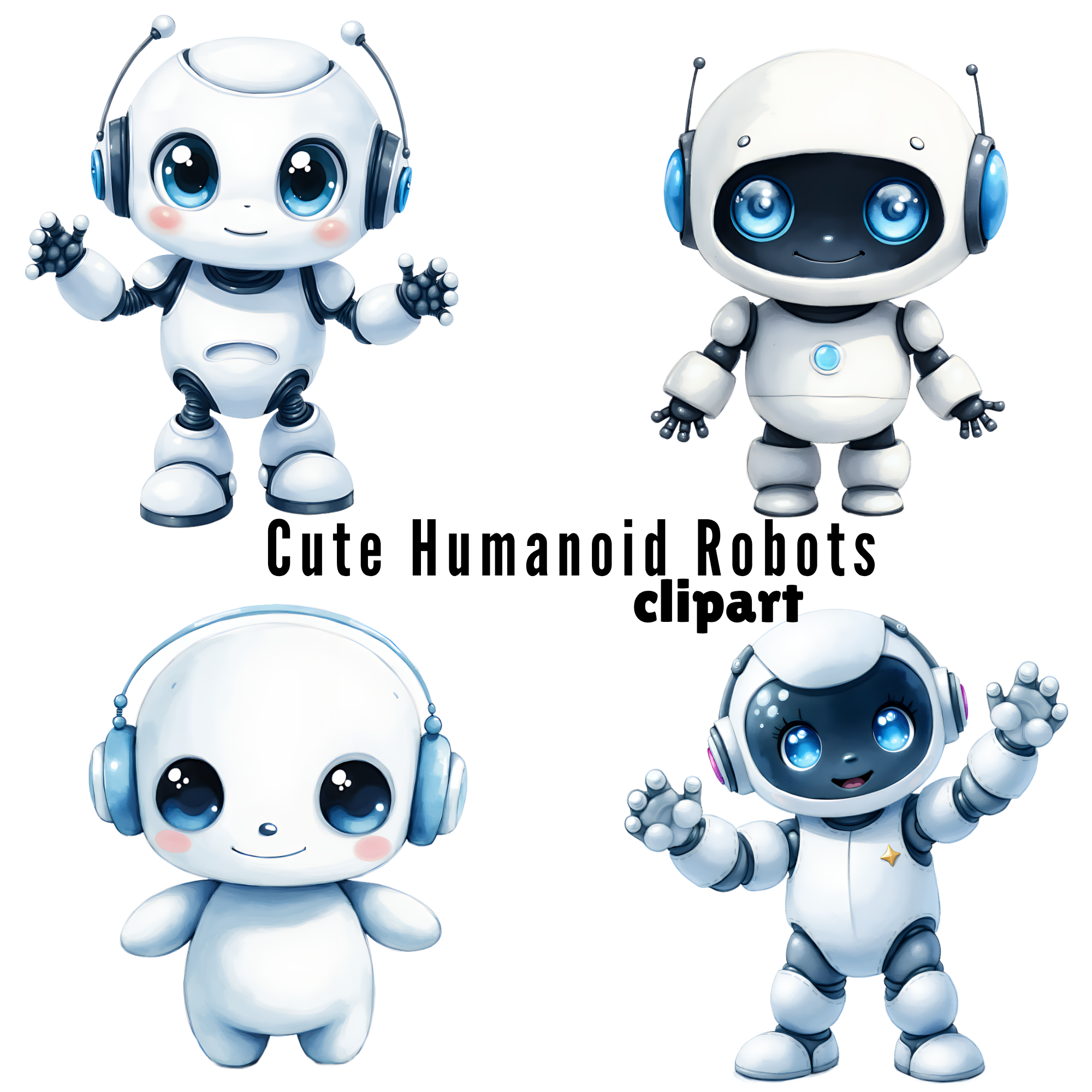Cute Robot Clipart Bundle, Kawaii Humanoid Robots, robots clipart png