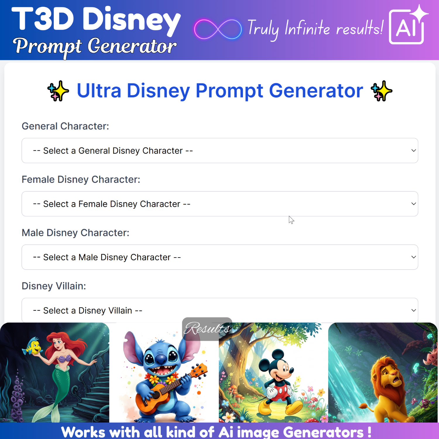 T3D Disney prompts generator, clipart builder, prompt builder, google image generator, Disney images, Disney Villains Generator Ai Prompt