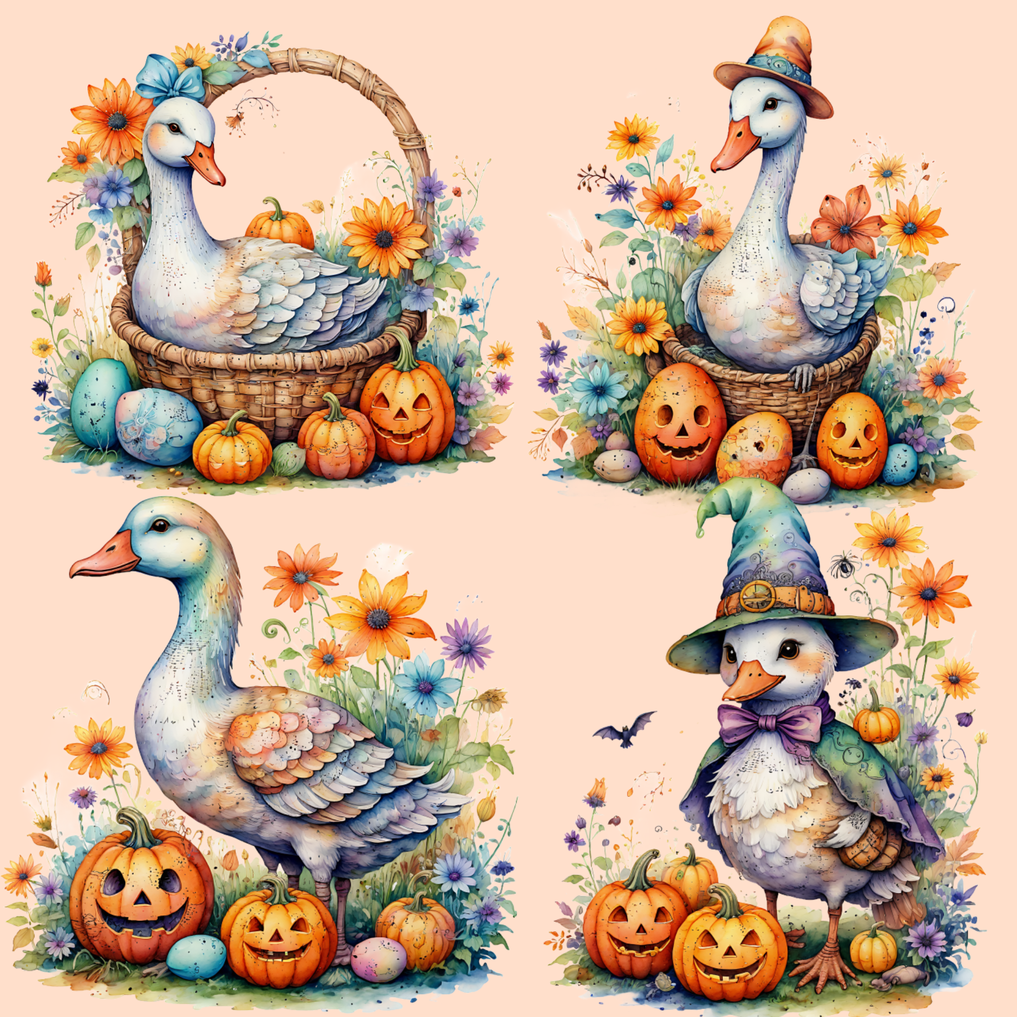 Whimsical Halloween Goose | Watercolor Clipart, Cute Goose PNG, Autumn Illustrations, Pumpkin Goose, Halloween images