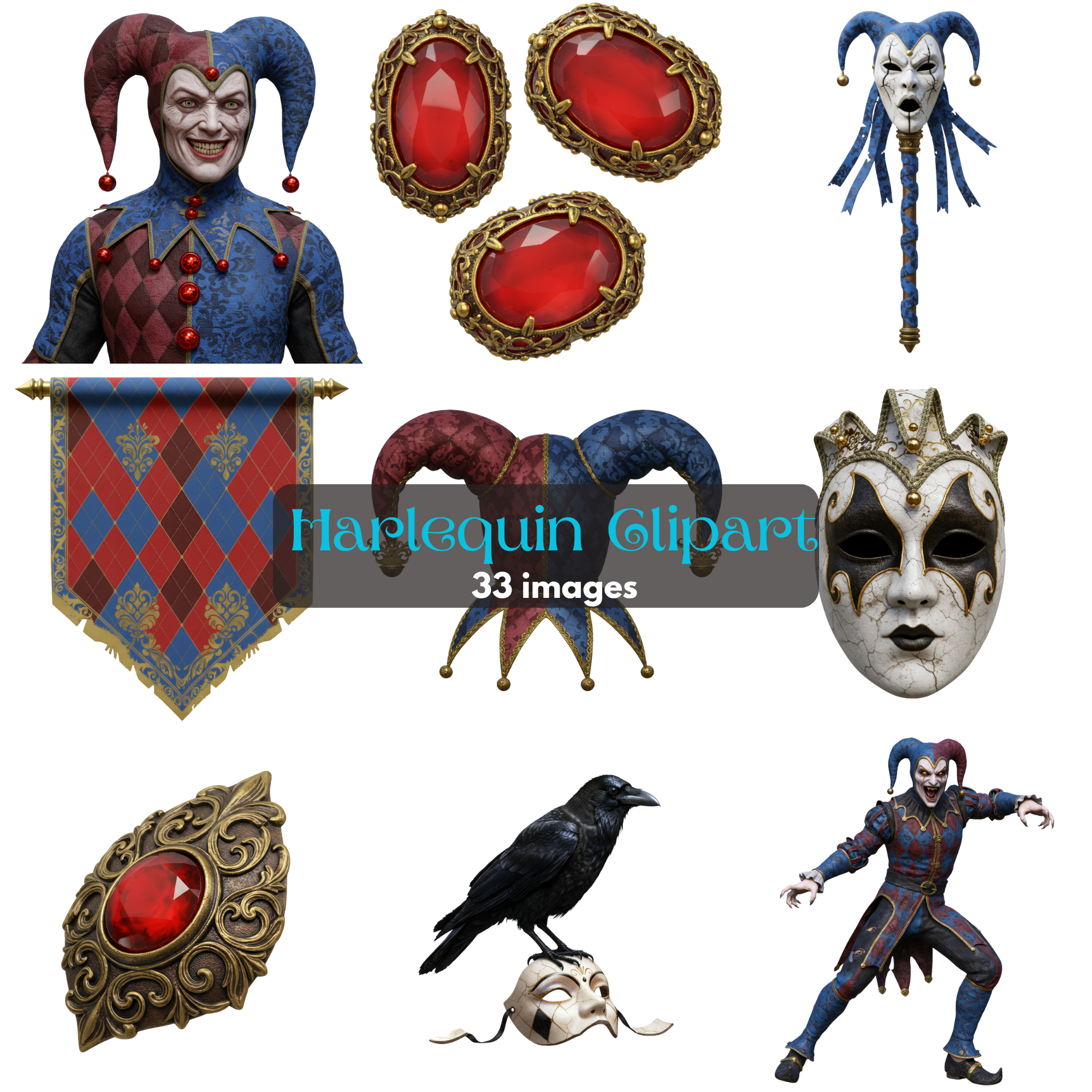 Harlequin Clipart Bundle PNG | Dark Jester Gothic Fantasy Graphics Clipart Set |Jester, Mask & Ruby Jewel