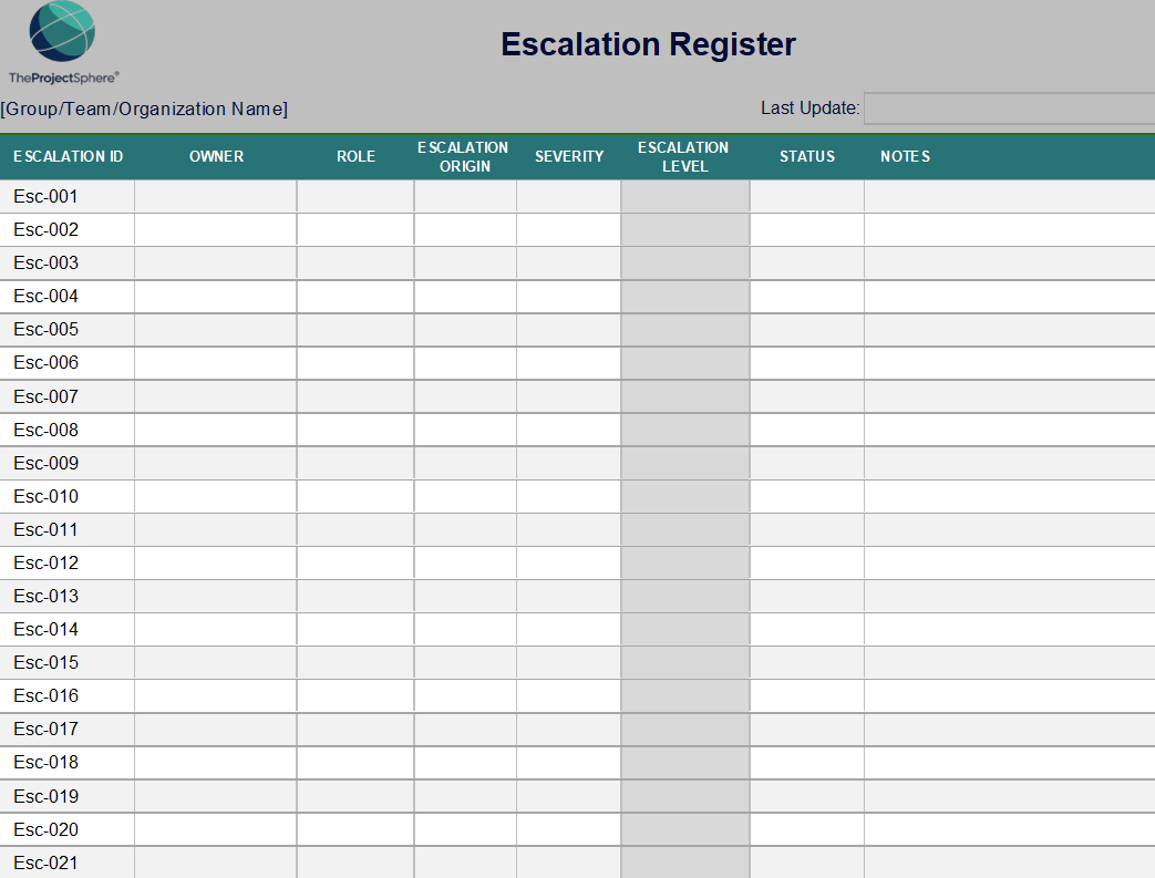 Escalation Register Template