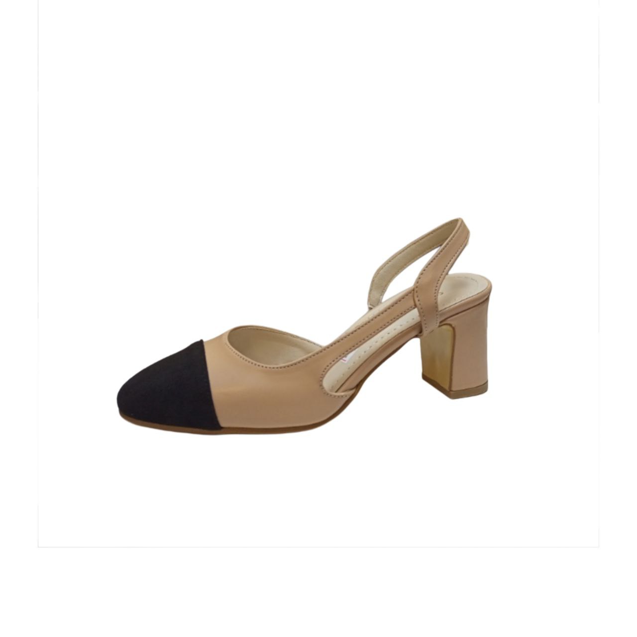 Beige and Black Slingback Block Heel Shoe