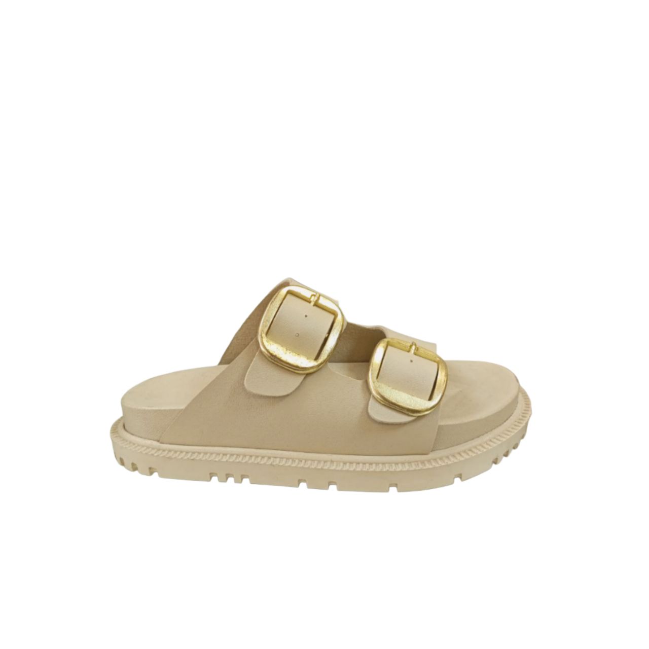 Beige Double Buckle Slide Sandals