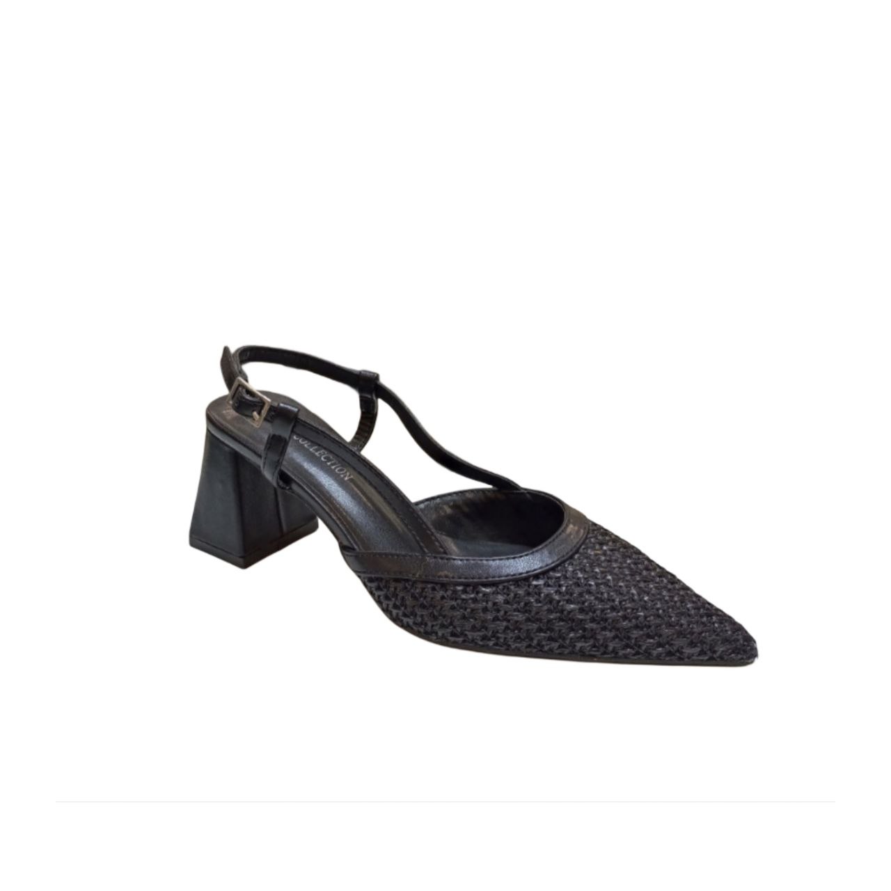 Black woven slingback block heel