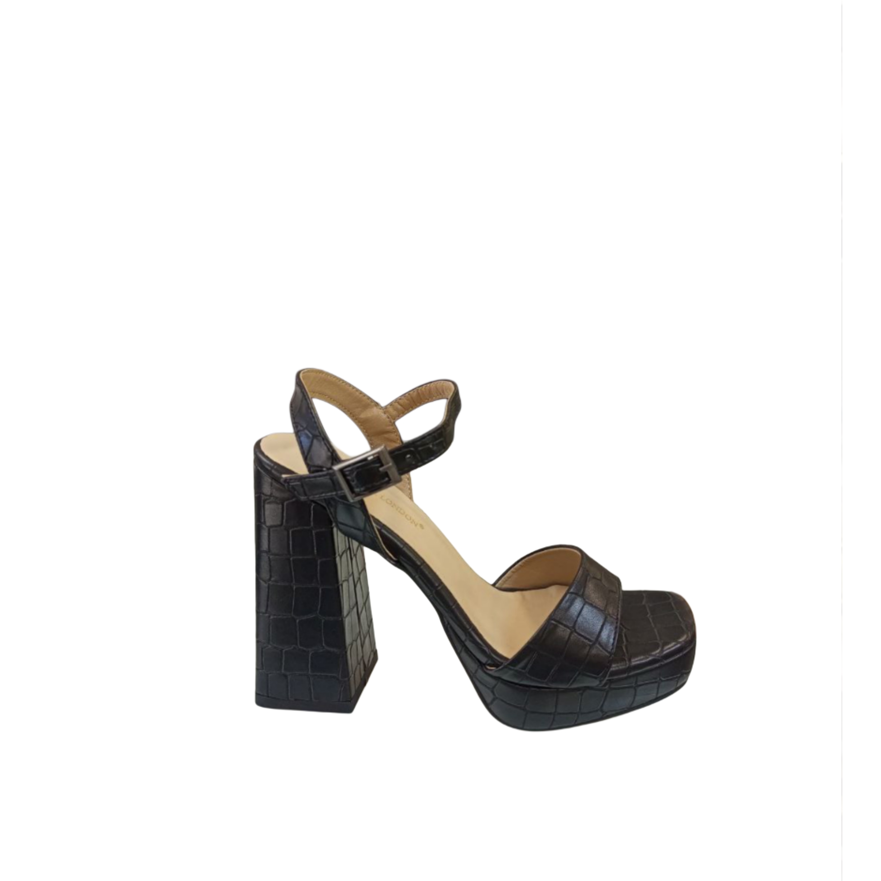 Black Croc-Embossed Block Heel Sandal