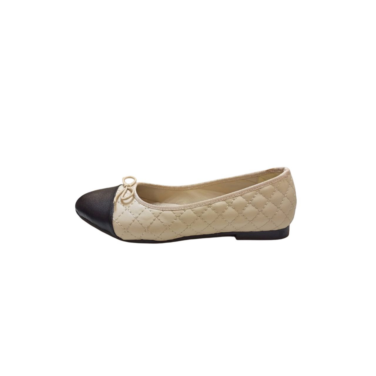 Beige and Black Quilted Ballet Flat