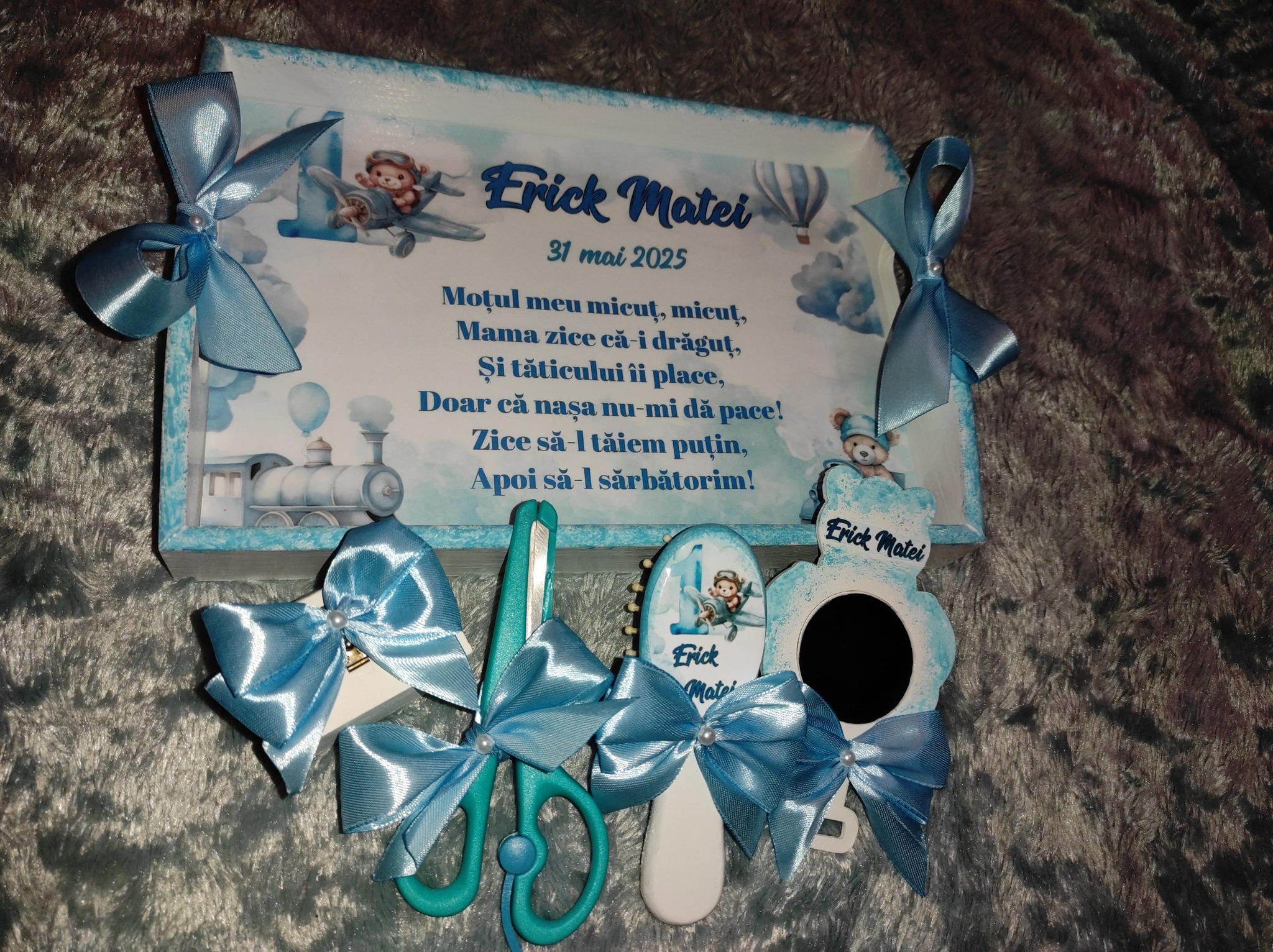 Set Tăviță moț băieți -baby blue ursuleț din 6 piese