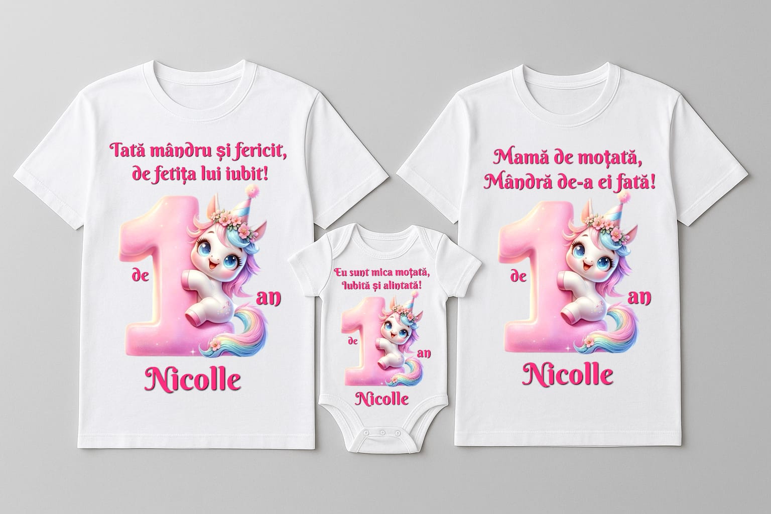 Set de 3 - Tricouri si body asortate cu tematică Unicorn pentru Petrecerea de tăiere a moțului / Turtei