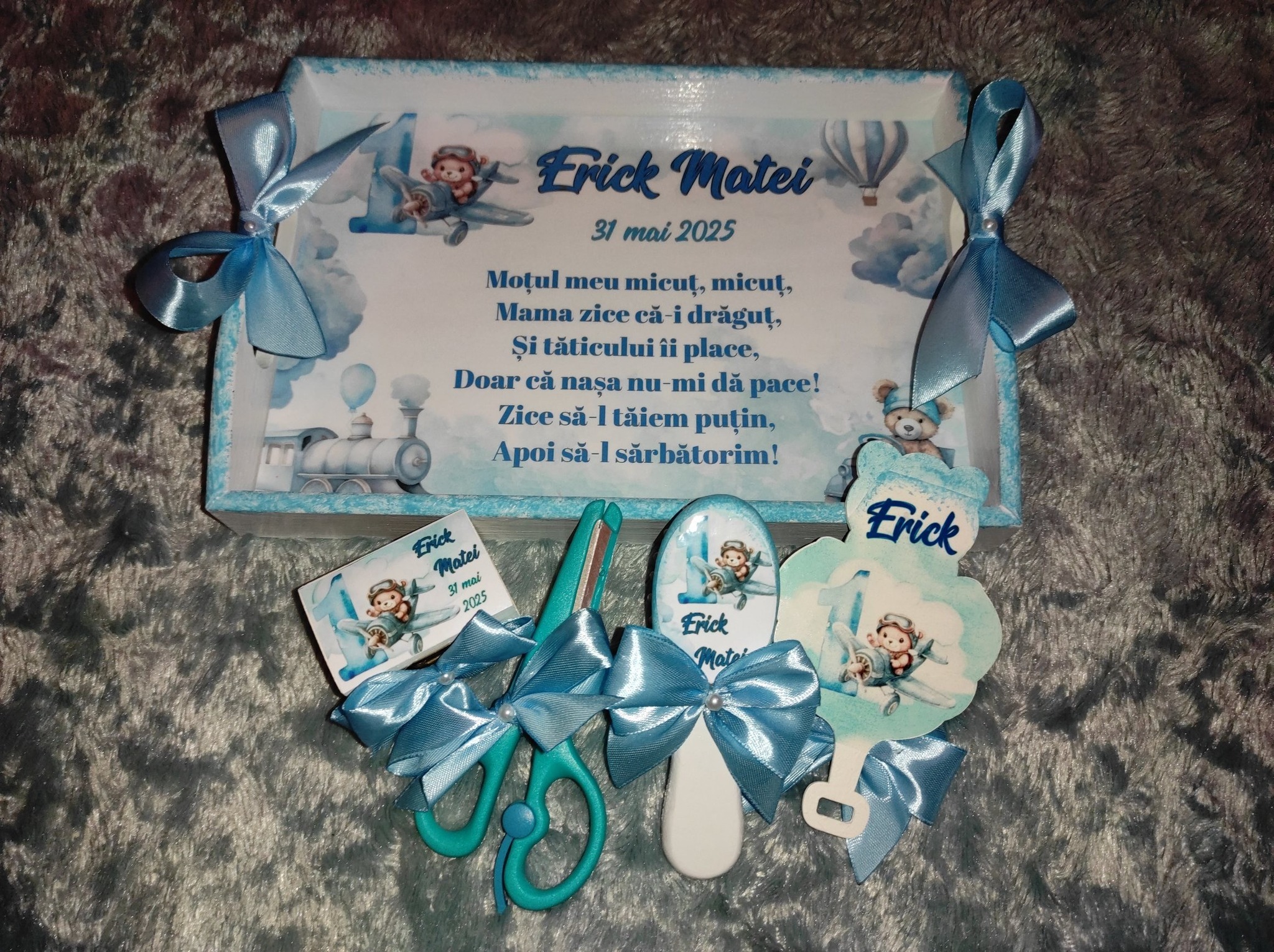 Set Tăviță moț băieți -baby blue ursuleț din 6 piese