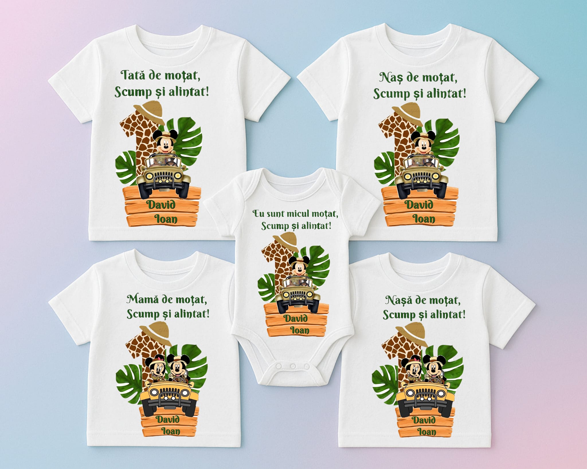 Set de 5 - Tricouri si body asortate cu tematică Safari pentru Petrecerea de tăiere a moțului / Turtei 