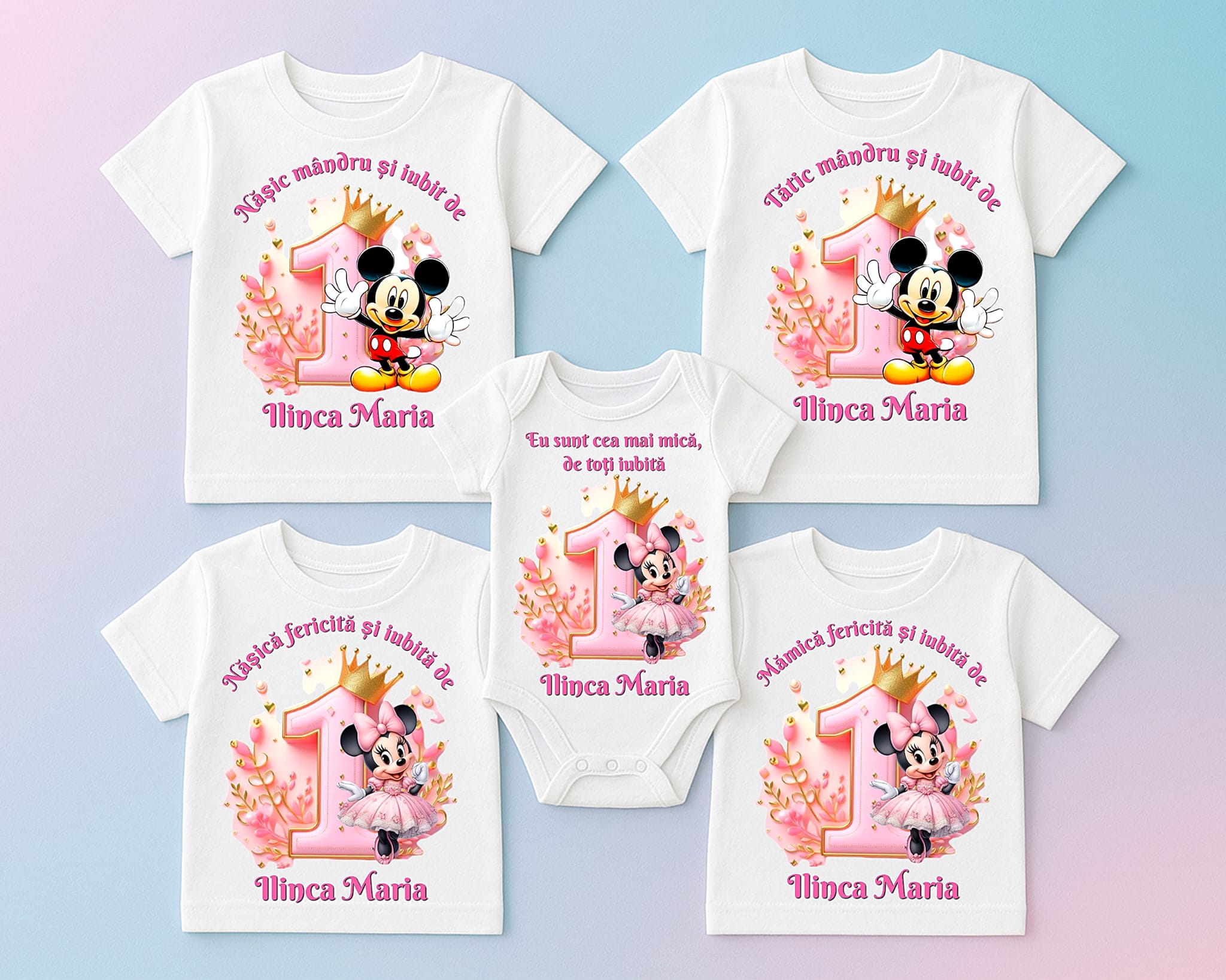 Set de 5 - Tricouri si body asortate cu tematică Mickey & Minnie Mouse pentru Petrecerea de tăiere a moțului / Turtei