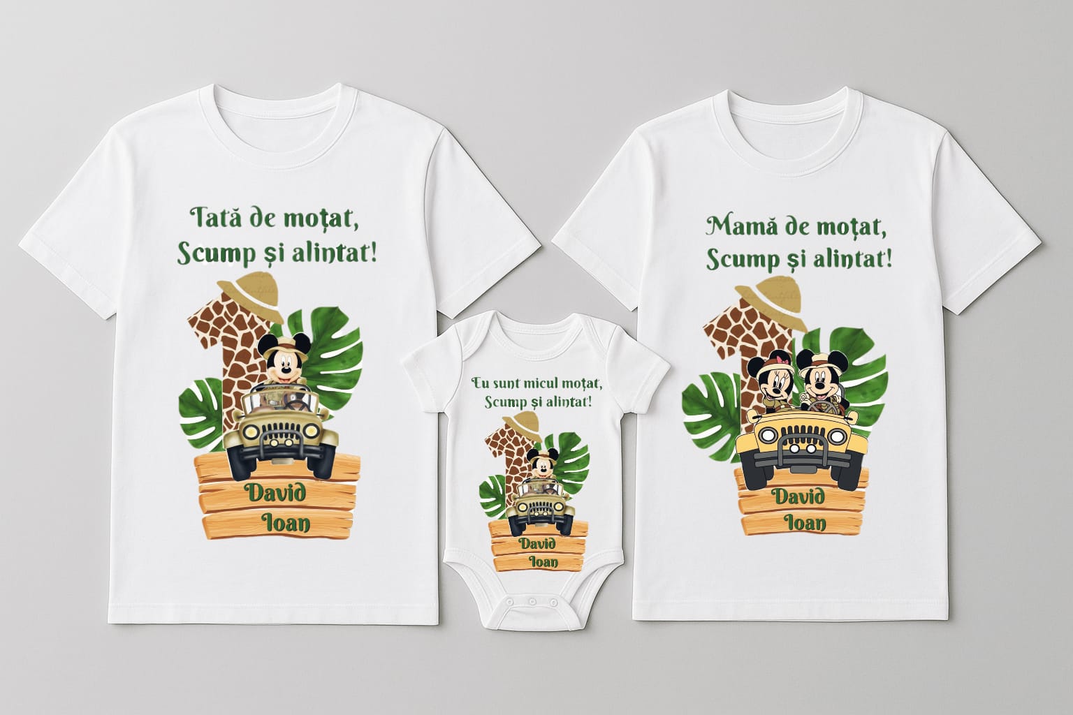 Set de 3 - Tricouri si body asortate cu tematică Safari pentru Petrecerea de tăiere a moțului / Turtei 