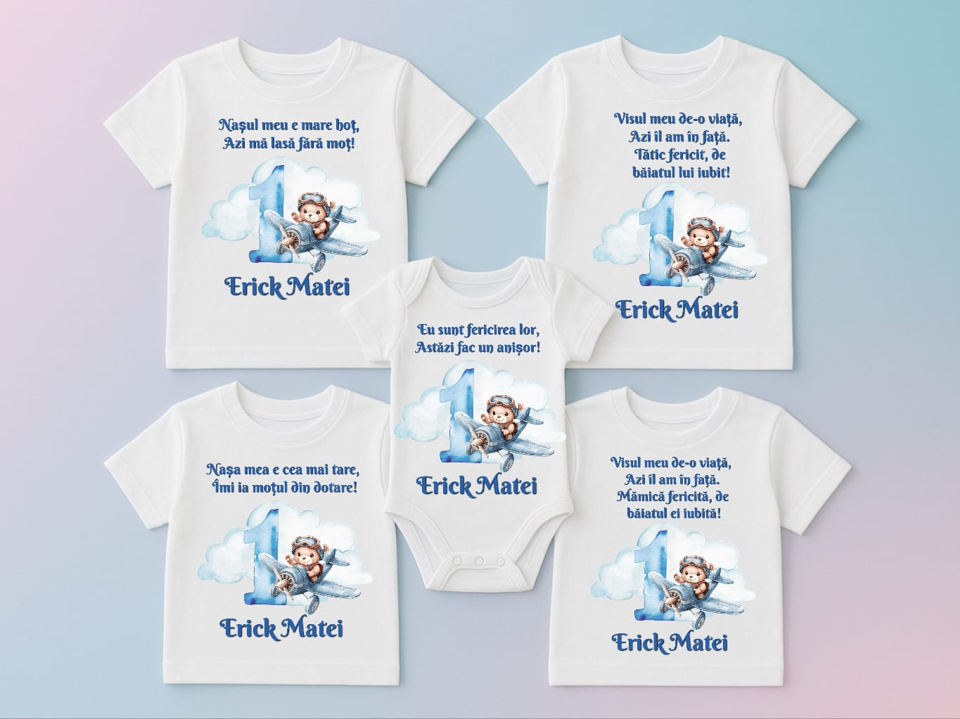 Set de 5 - Tricouri si body asortate cu tematică Ursuleț pentru Petrecerea de tăiere a moțului / Turtei 