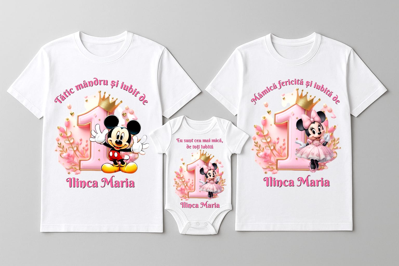 Set de 3 - Tricouri si body asortate cu tematică Mickey & Minnie Mouse pentru Petrecerea de tăiere a moțului / Turtei