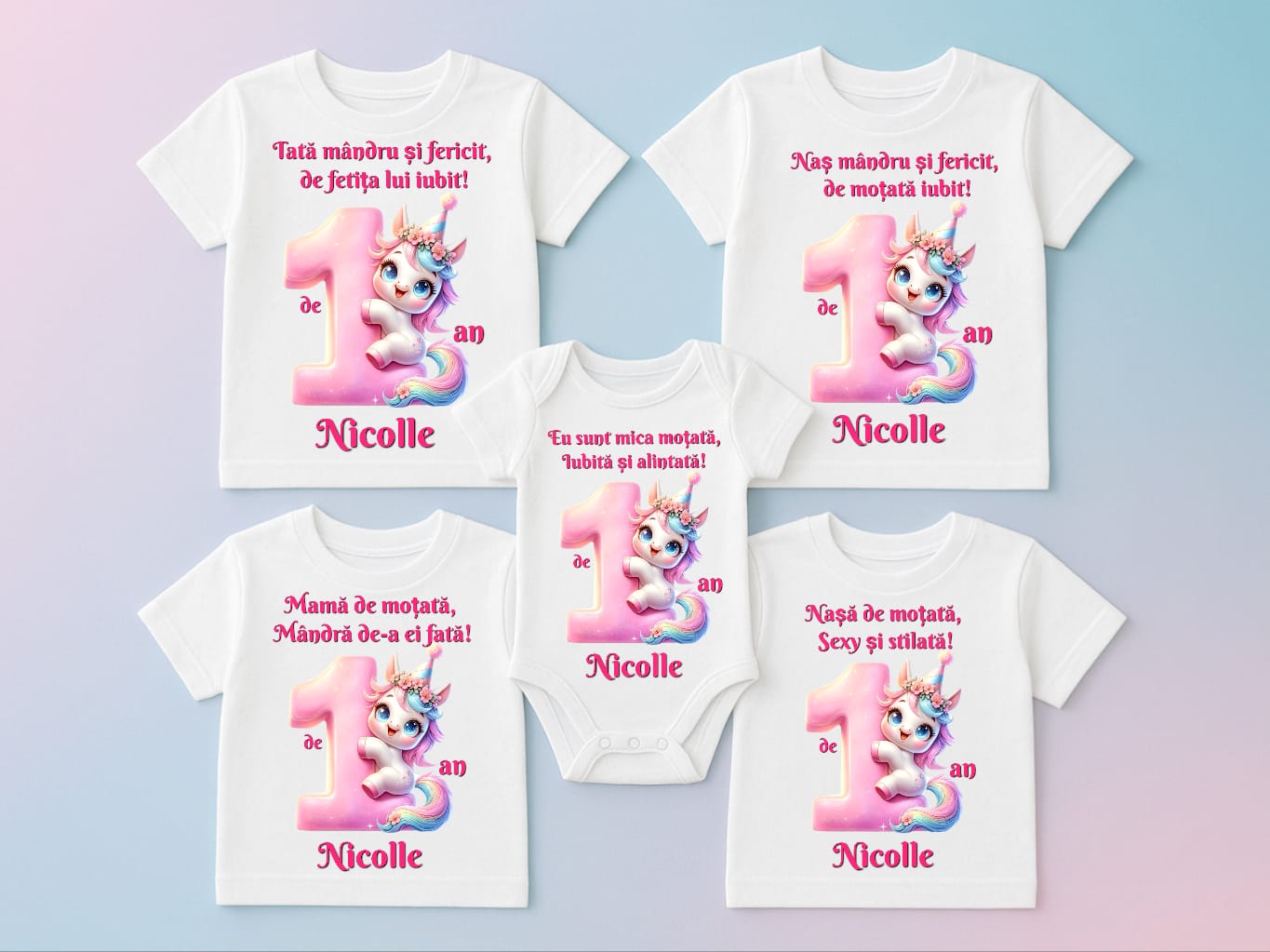 Set de 5 - Tricouri si body asortate cu tematică Unicorni pentru Petrecerea de tăiere a moțului / Turtei 