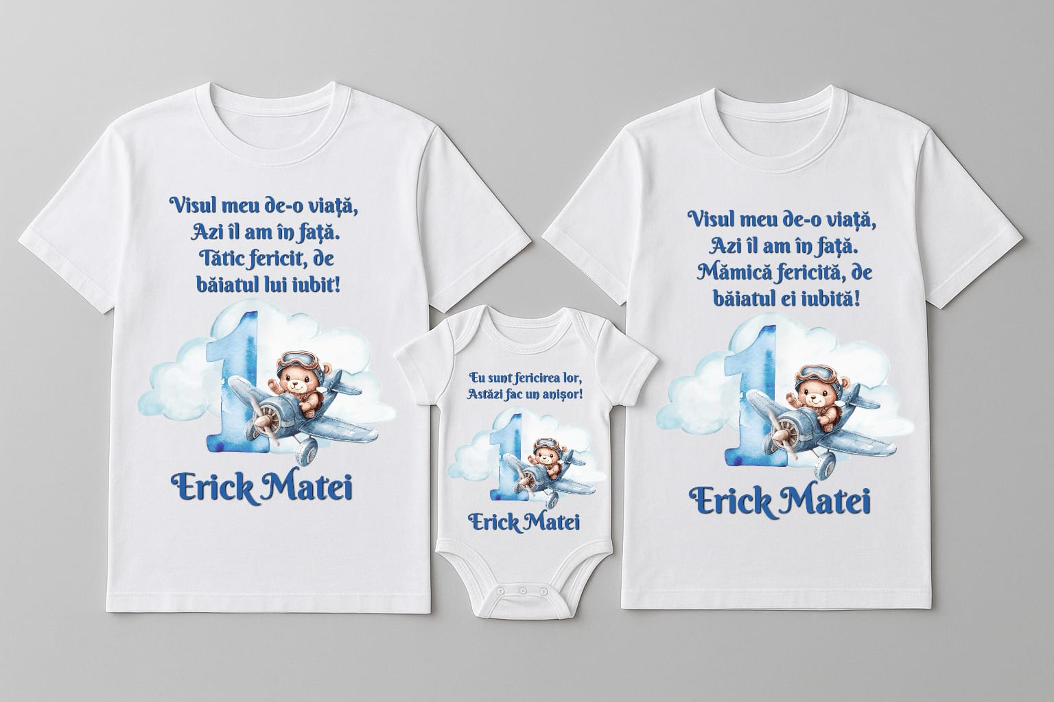 Set de 3 - Tricouri si body asortate cu tematică Ursuleț pentru Petrecerea de tăiere a moțului / Turtei 