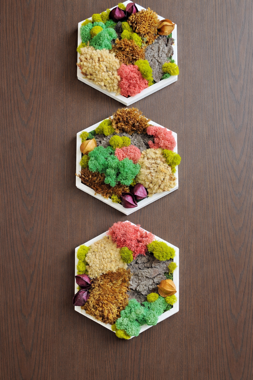 BLUSH & CREAM PATCHWORK PRESERVED MOSS HEXAGON  (5” SIDE)