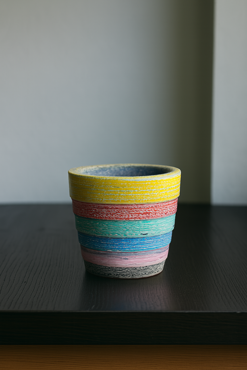 Vaso en concreto colores rusticos vintage, barras horizontales