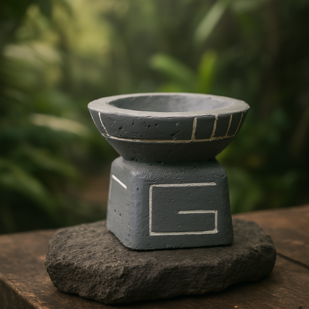 Maceta de concreto estilo. Simbologia Estilizada Maya Tallada. Pedestal y cuenco