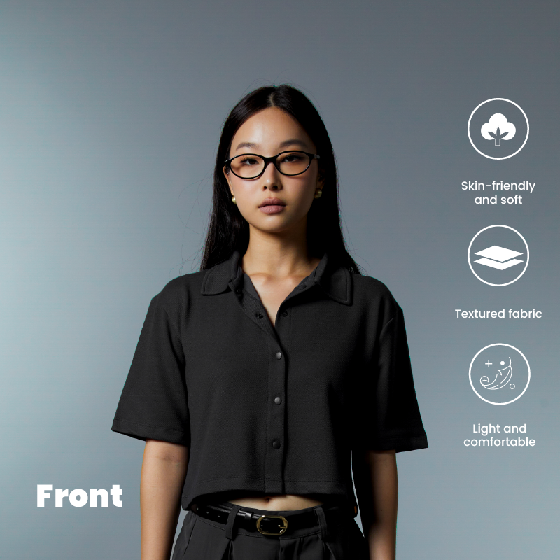 Croptop Shirt Knitted Ponte Snap Button | Baju Wanita | Kemeja Wanita