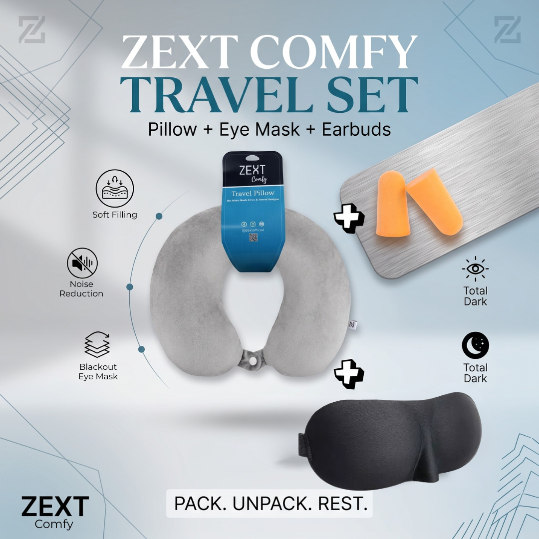 ZEXT 3-in-1 Travel Comfort Set – Travel Neck Pillow + 3D Eye Mask + Memory Foam Ear Plugs