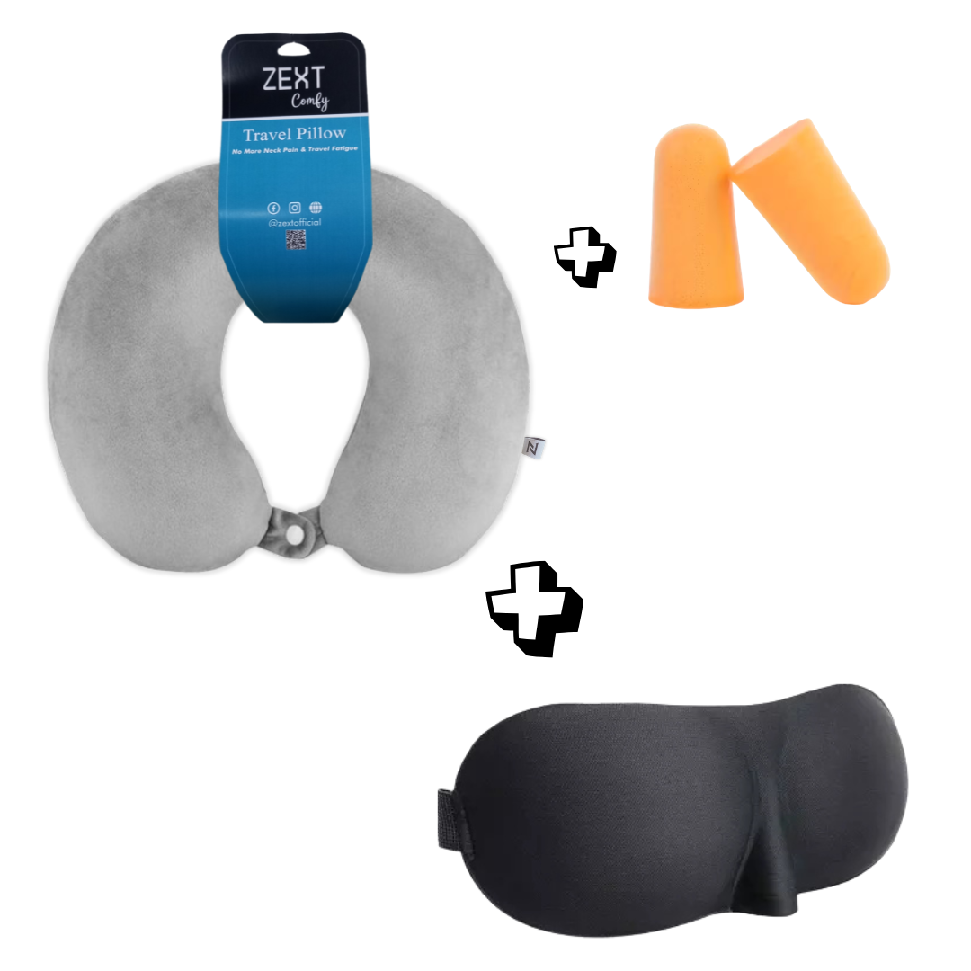 ZEXT 3-in-1 Travel Comfort Set – Travel Neck Pillow + 3D Eye Mask + Memory Foam Ear Plugs