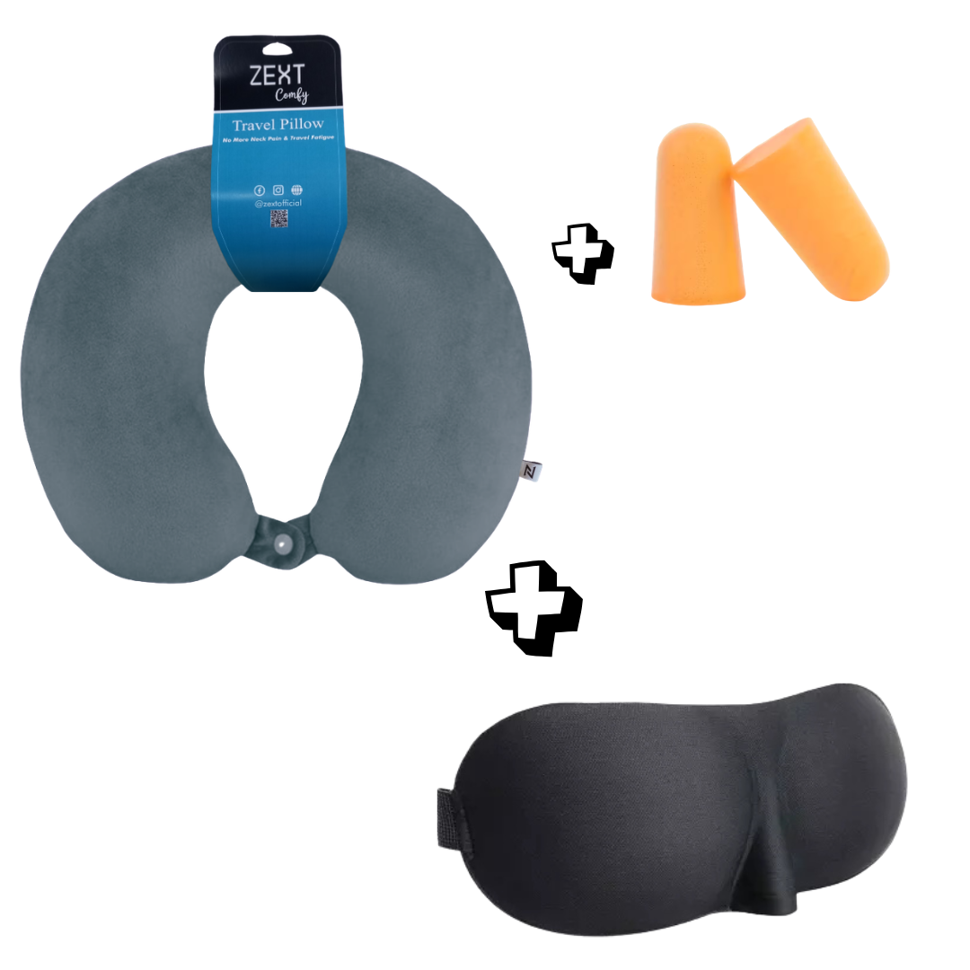 ZEXT 3-in-1 Travel Comfort Set – Travel Neck Pillow + 3D Eye Mask + Memory Foam Ear Plugs