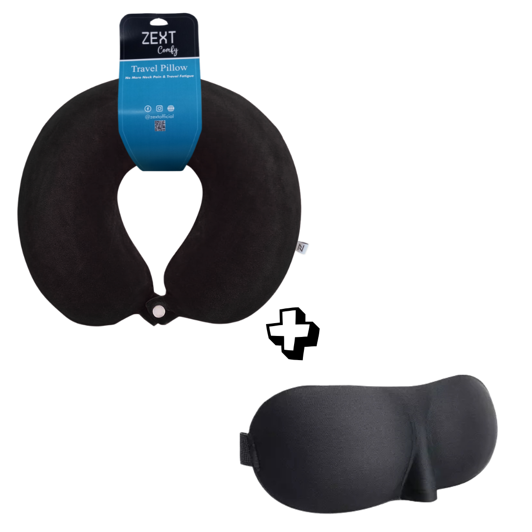 ZEXT Comfy Travel Pillow (Black) with 3D Eye Mask
