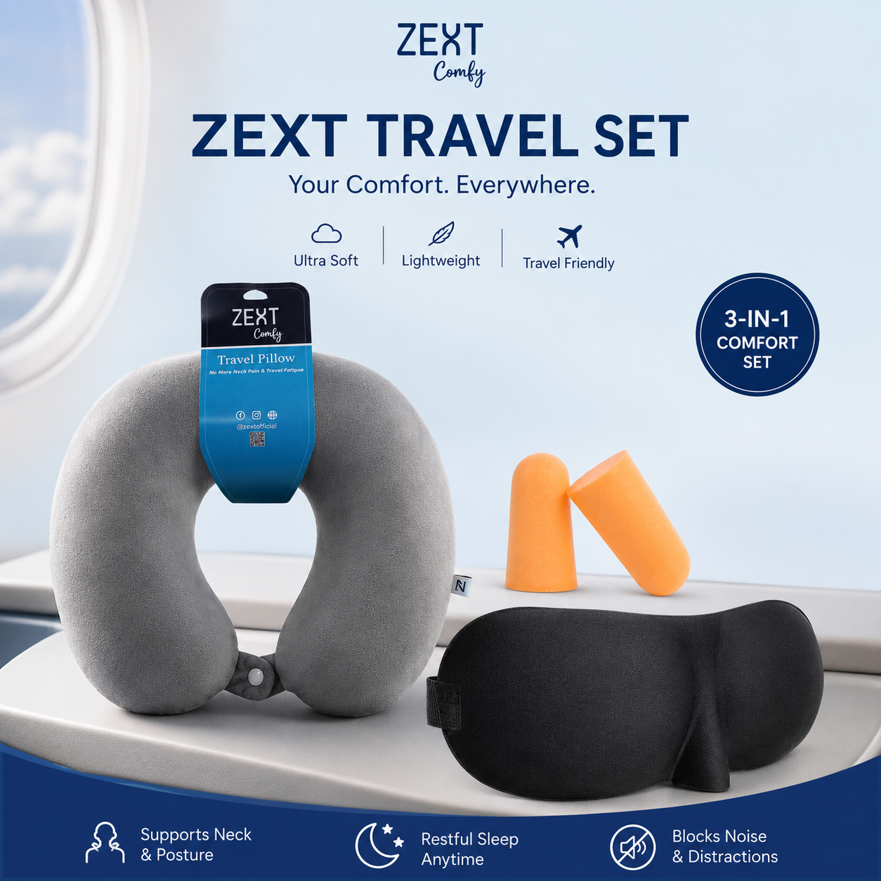 ZEXT 3-in-1 Travel Comfort Set – Travel Neck Pillow + 3D Eye Mask + Memory Foam Ear Plugs
