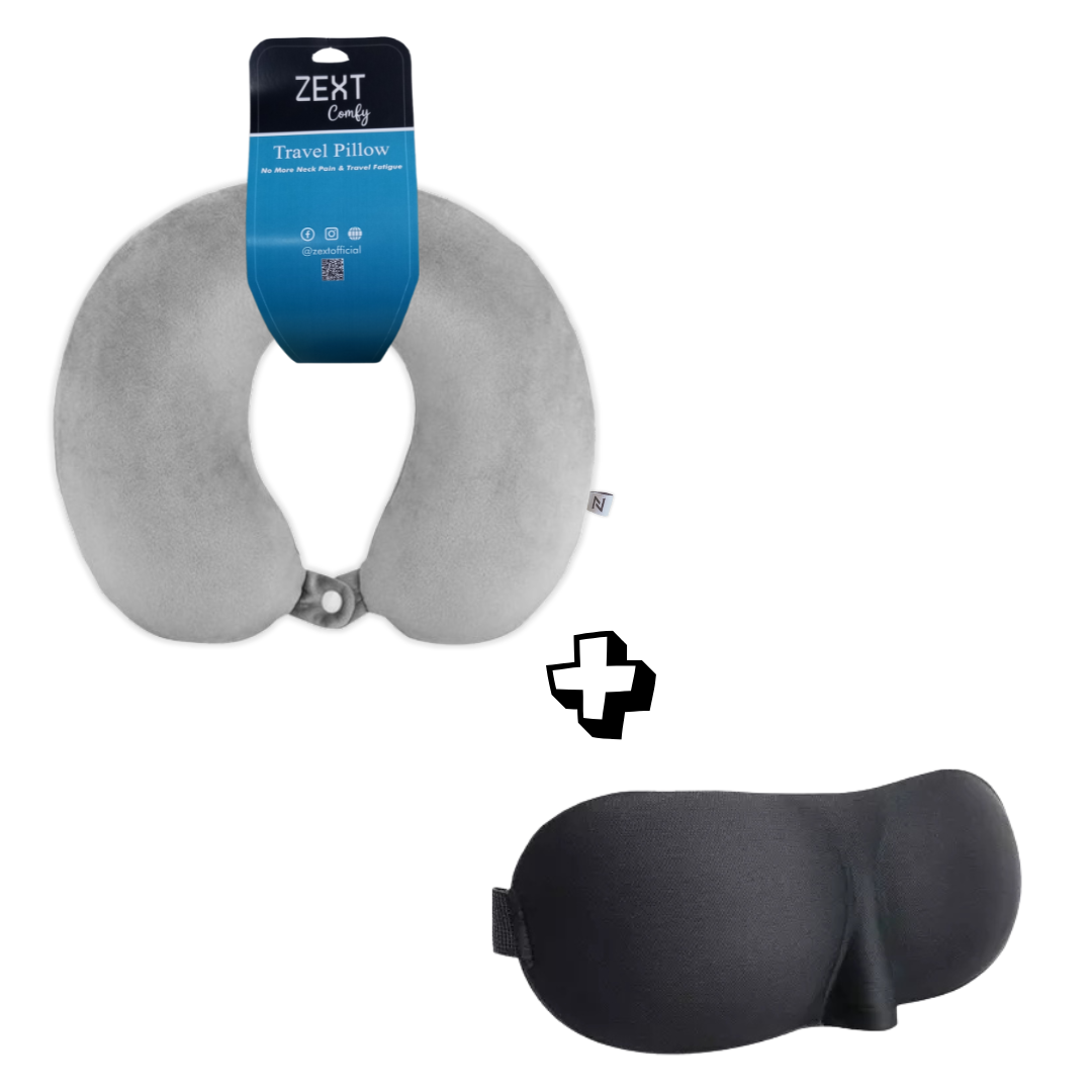 ZEXT Comfy Travel Pillow (Grey) with 3D Eye Mask