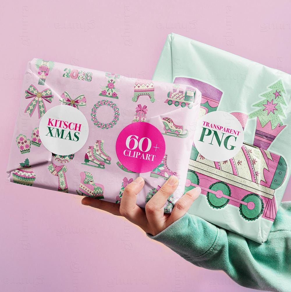 Kitsch Preppy Christmas Clipart 2026: Pastel Holiday 60 PNGs (Commercial use)