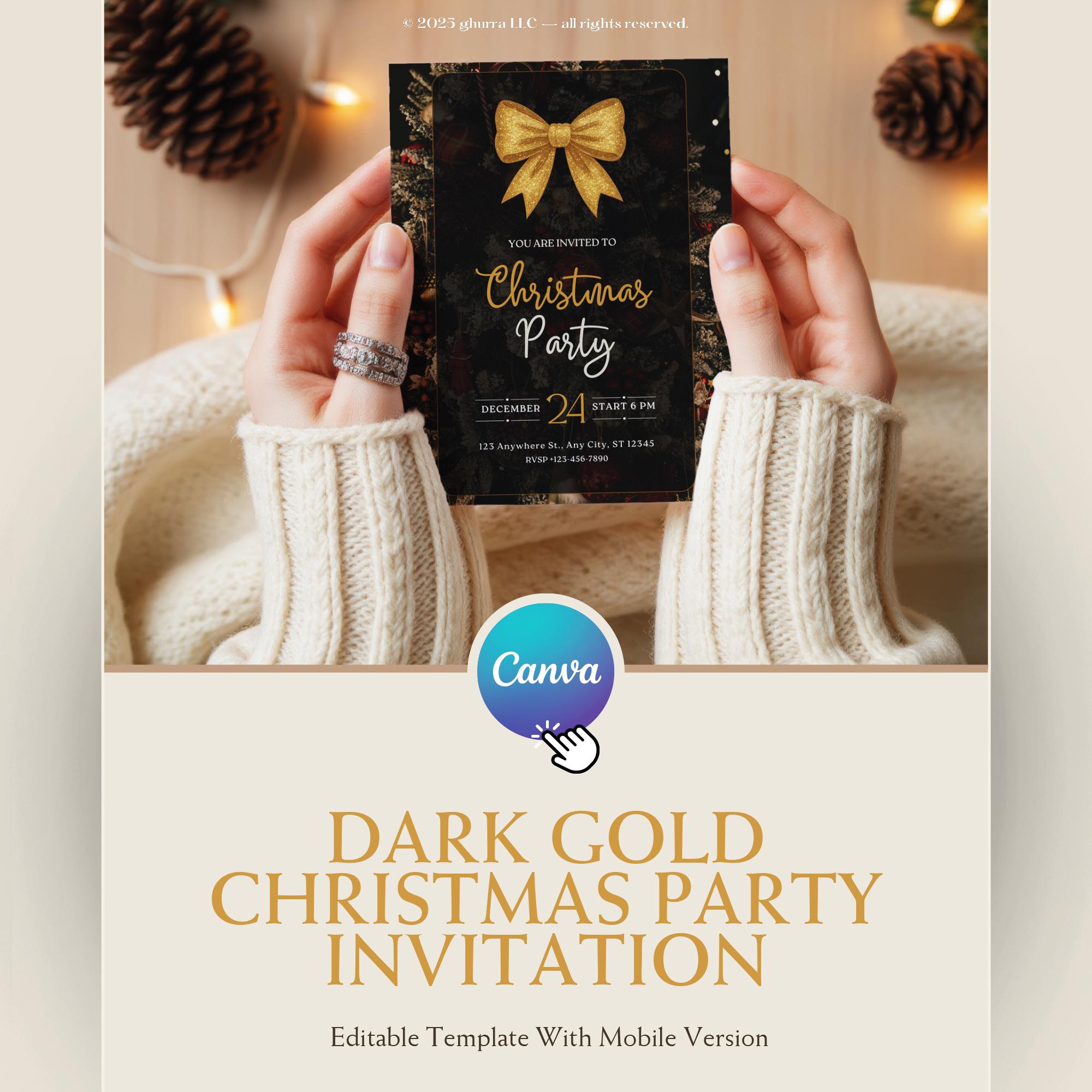 Dark Gold Christmas Party Invitation: Editable Canva Template with Mobile Version