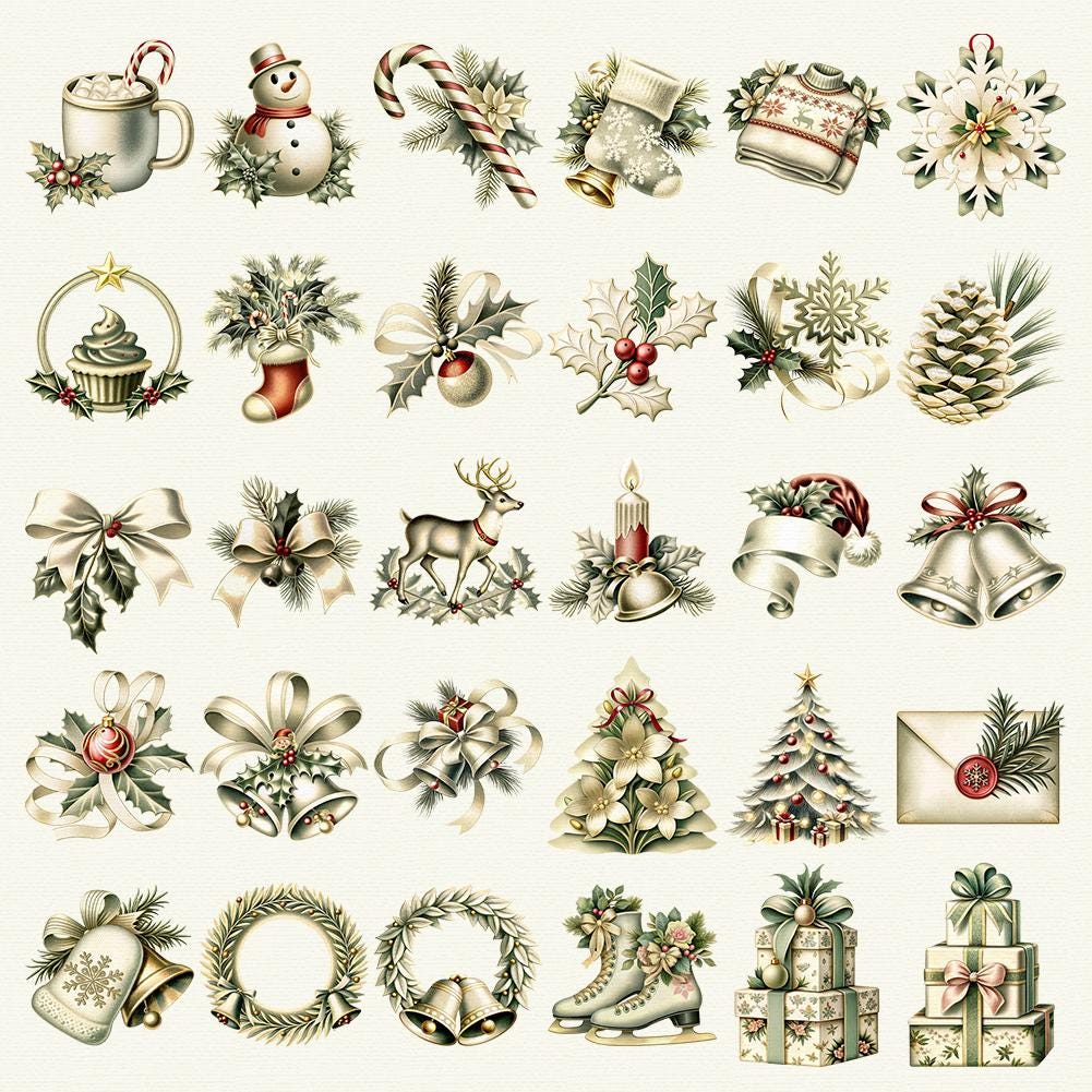 Vintage Christmas Clipart 2026: Watercolor Holiday PNG Collection (Commercial Use)