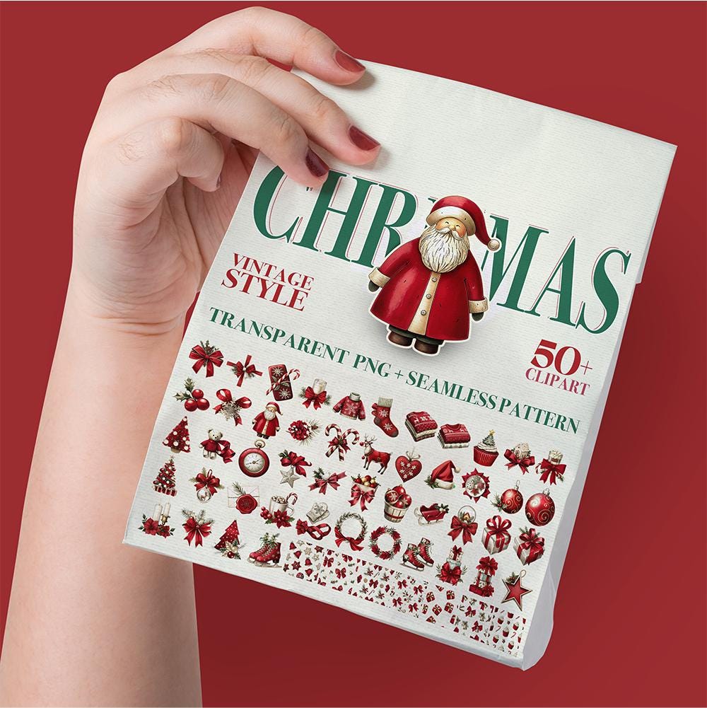 Vintage Christmas Clipart Bundle 2026: 50+ Retro Holiday PNGs and Patterns - Commercial Use