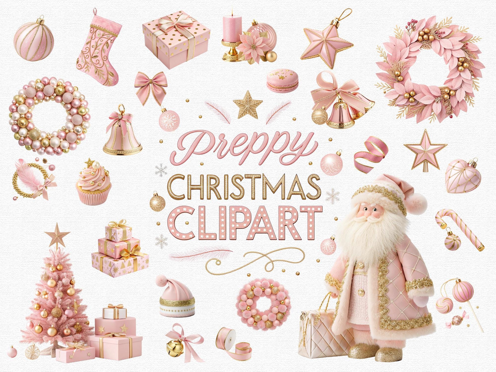 Preppy Christmas Clipart Bundle 2026: 177 Blush Pink Holiday PNG (Commercial Use)