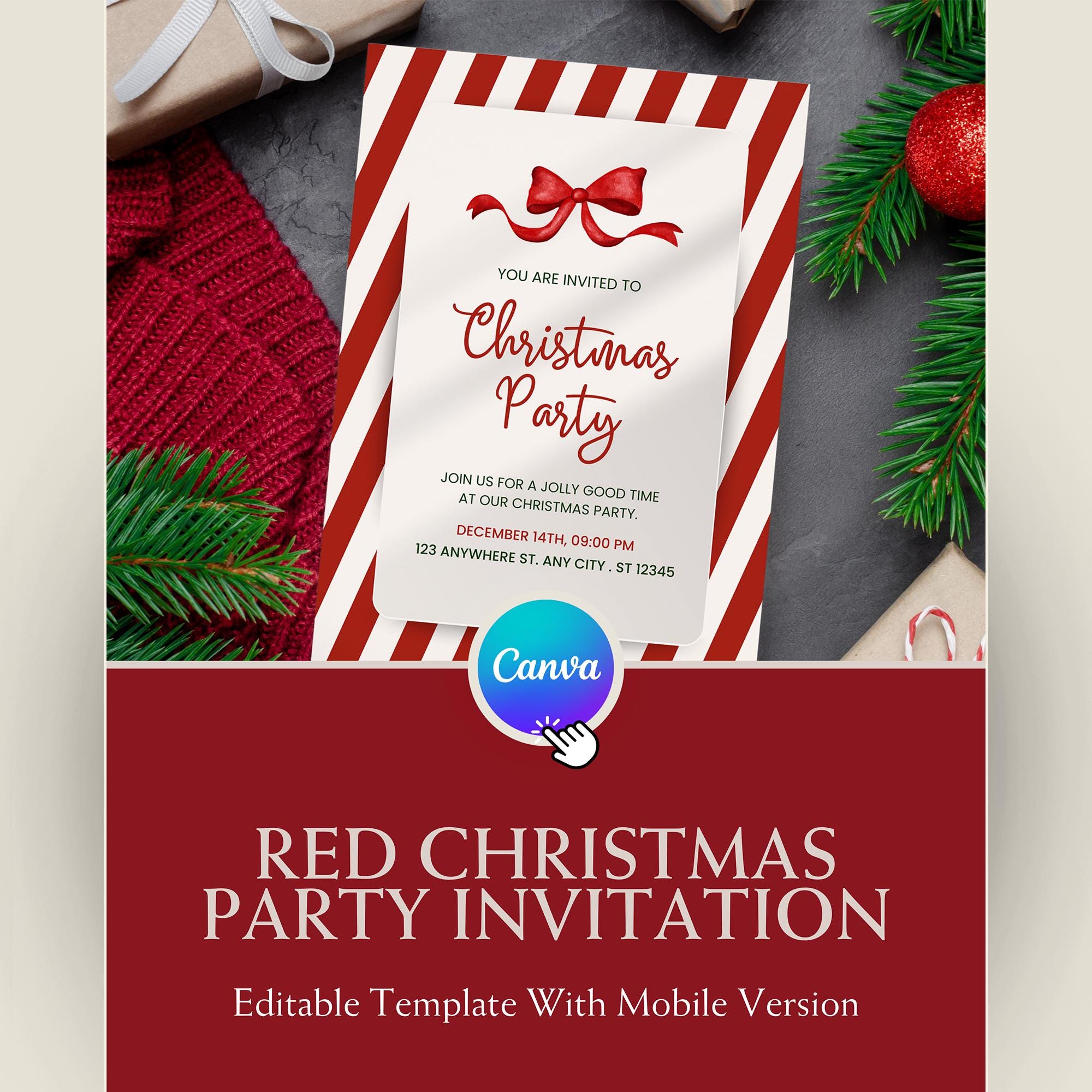 Red Christmas Party Invitation: Editable Canva Template with Mobile Version