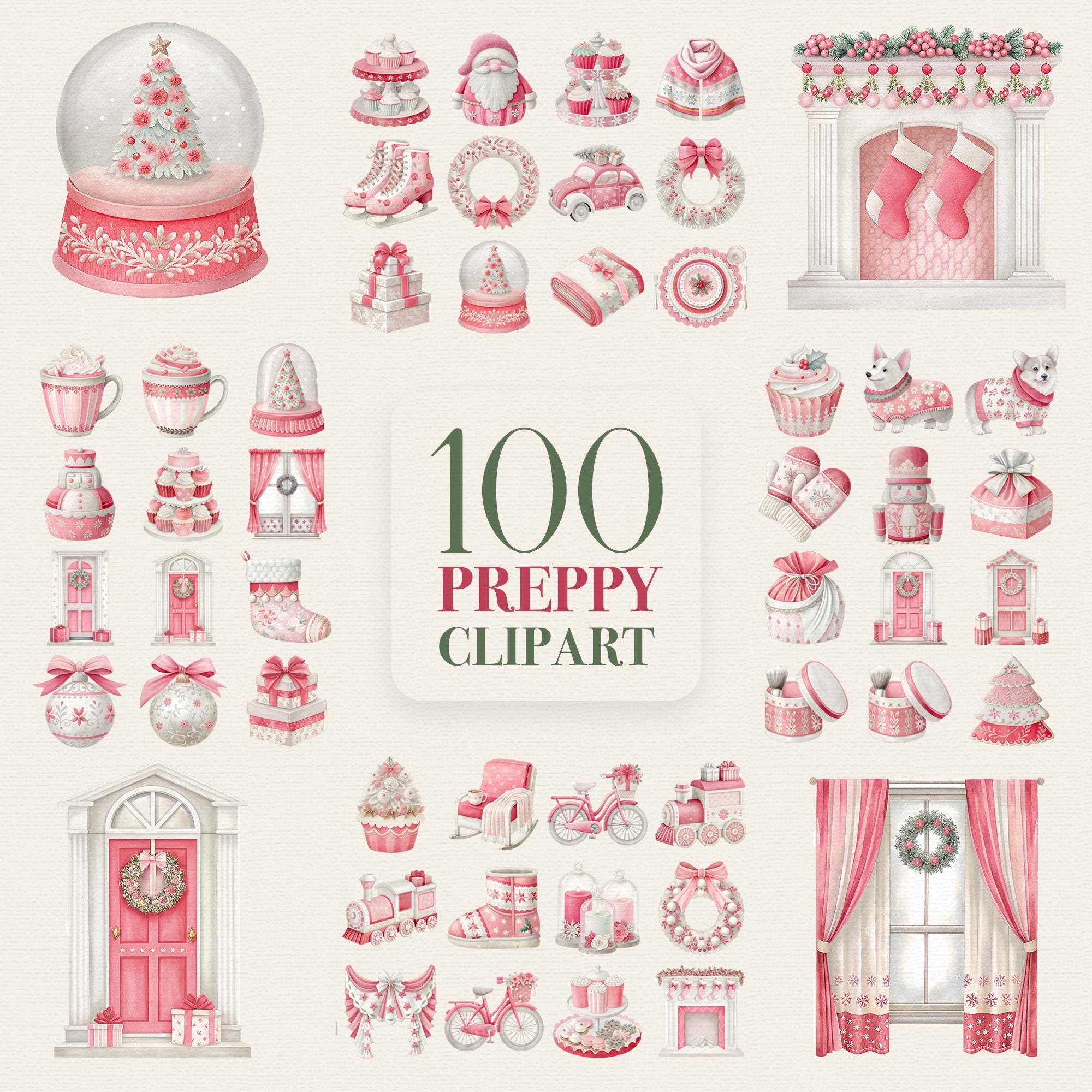 Preppy Christmas Clipart Bundle 2026: 100 PNGs - Blush Pink Holiday Collection - Commercial Use