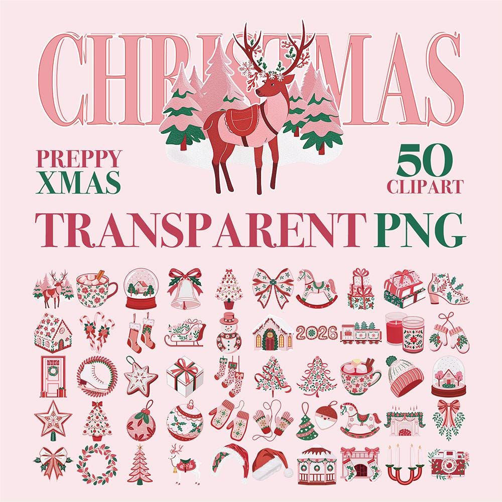 Watercolor Preppy Christmas Clipart 2026: 50 PNGs + Bonus Pattern (Commercial use)
