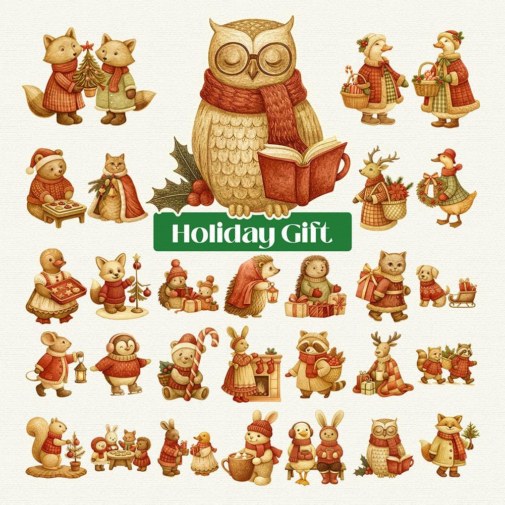 Woodland Christmas Animals Clipart: Vintage Holiday PNG (Commercial Use)