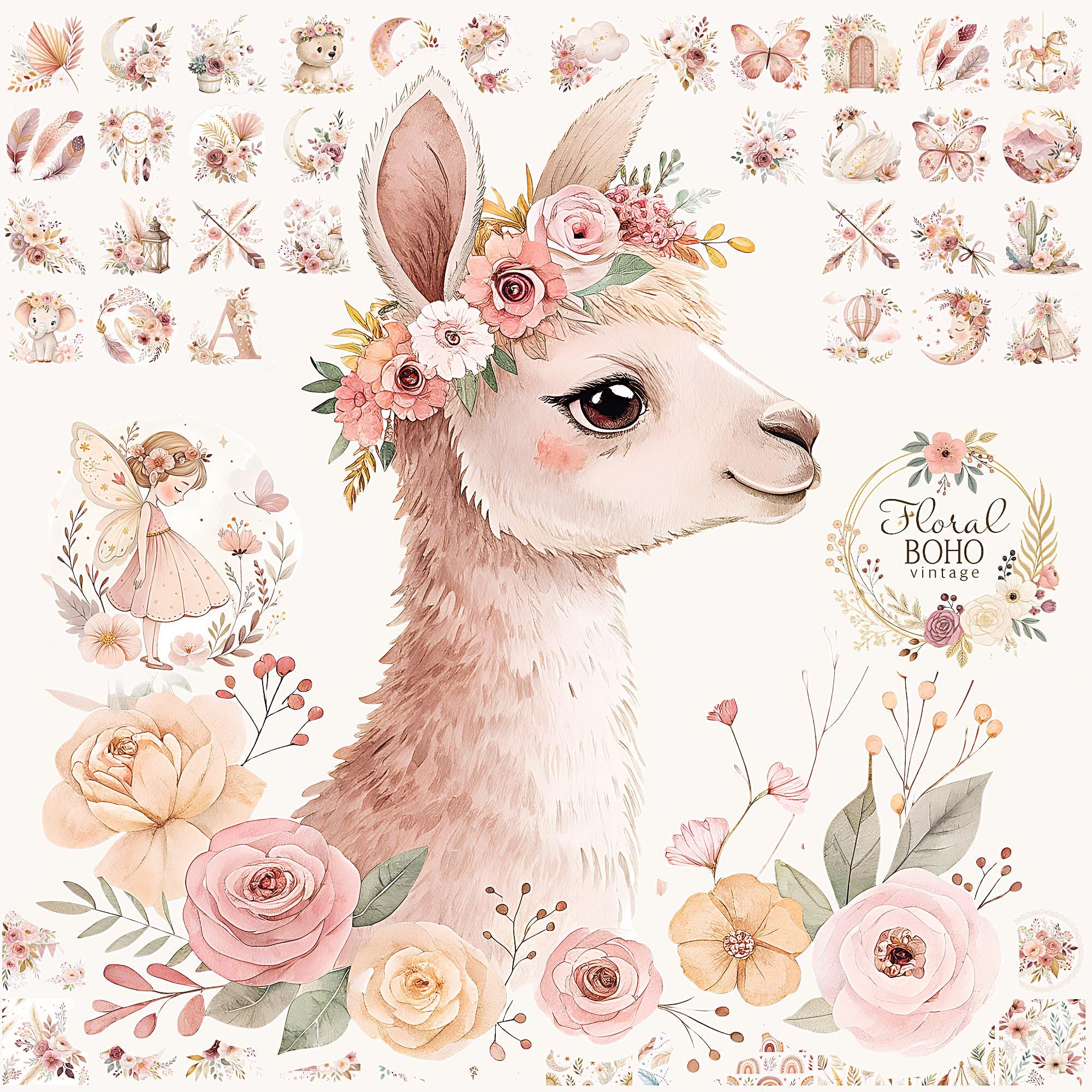 Floral Boho Vintage Clipart 2026: 100+ Watercolor PNGs & Seamless Patterns (Commercial Use)