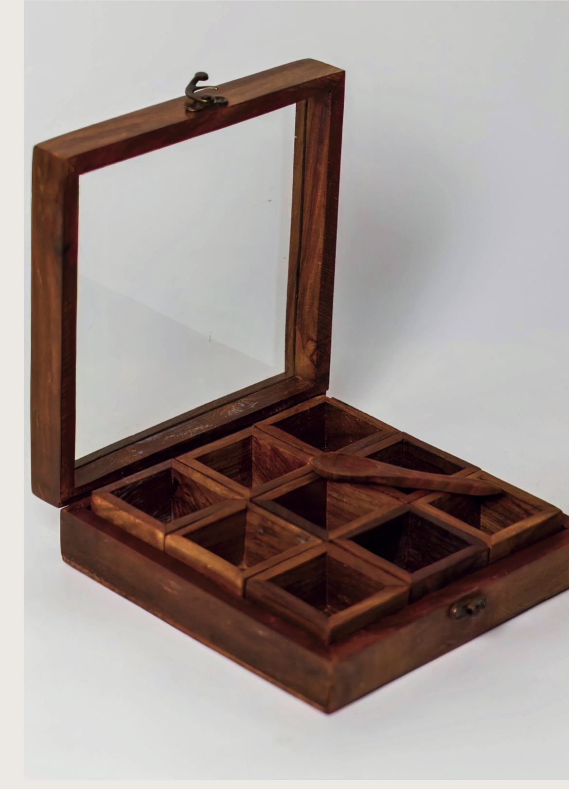 Handcrafted Teak Wooden Spice/Utility Box with glass Lid (9 Compartments)