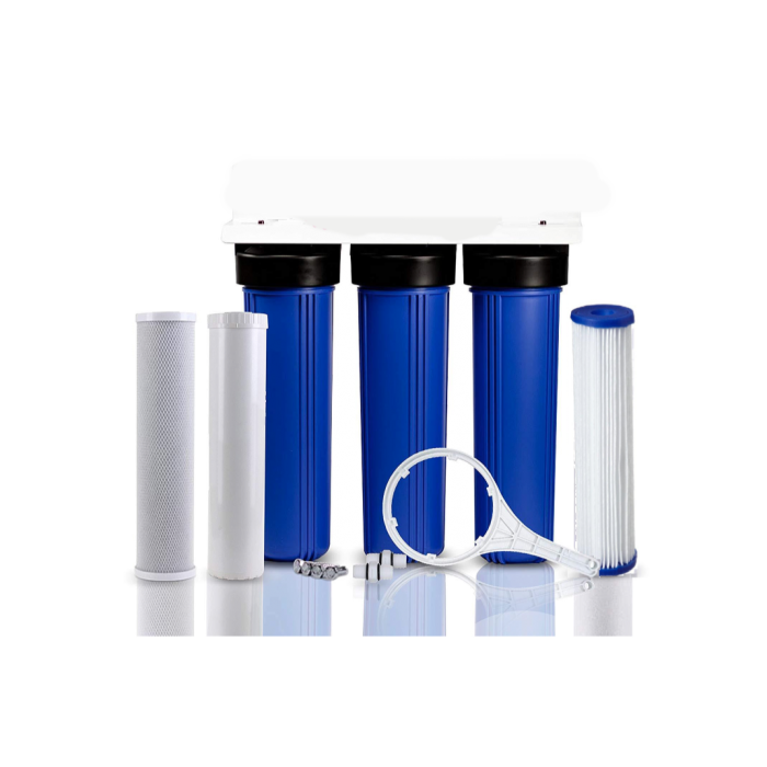 3-Stage 20″ Whole House Big Blue Well Water Filtration System 1″ FPNT Inlets w/Sediment, Carbon Block, and KDF 85 /GAC Filters