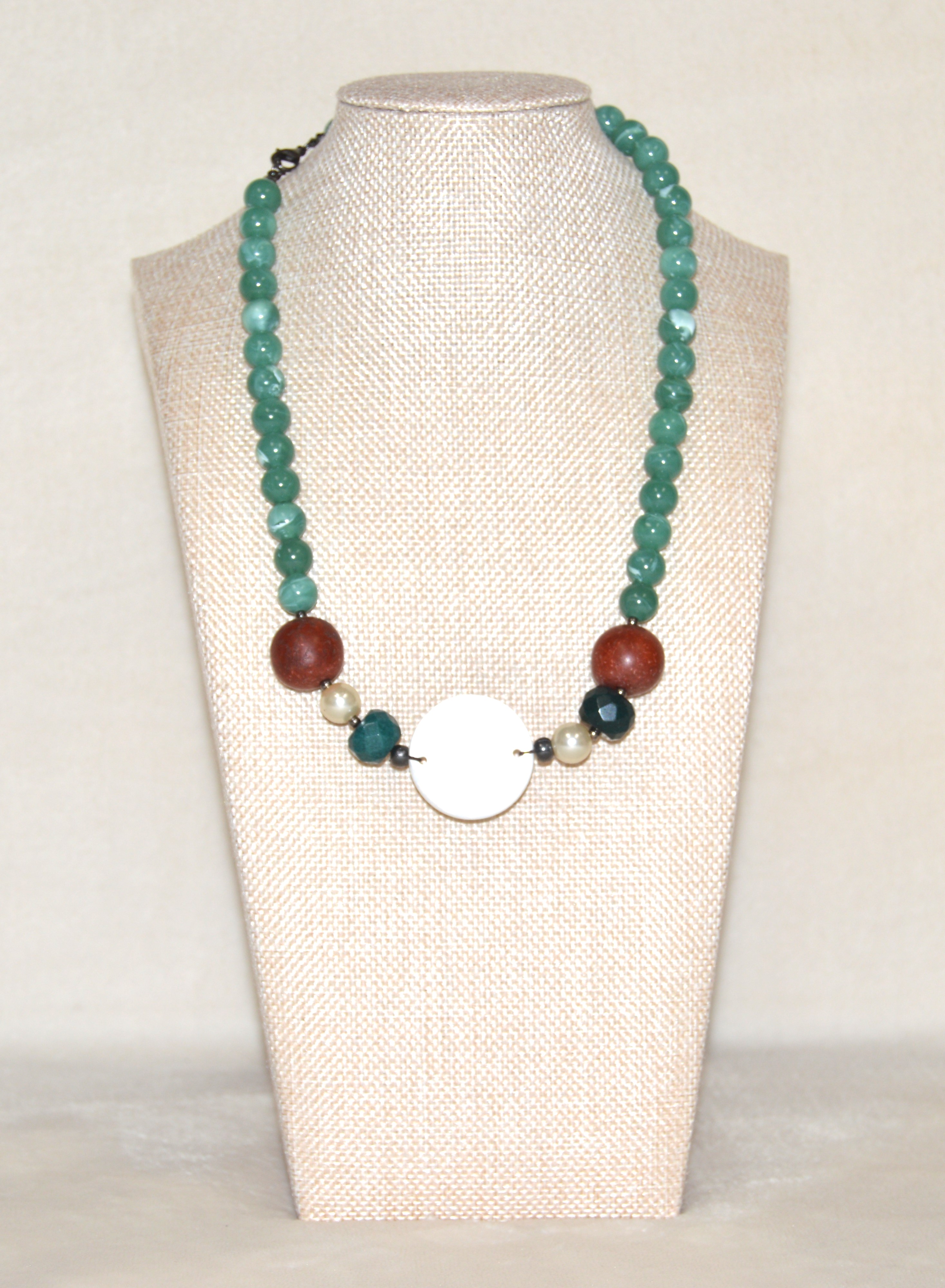 Beaded Necklace colorful Green,Brown and white