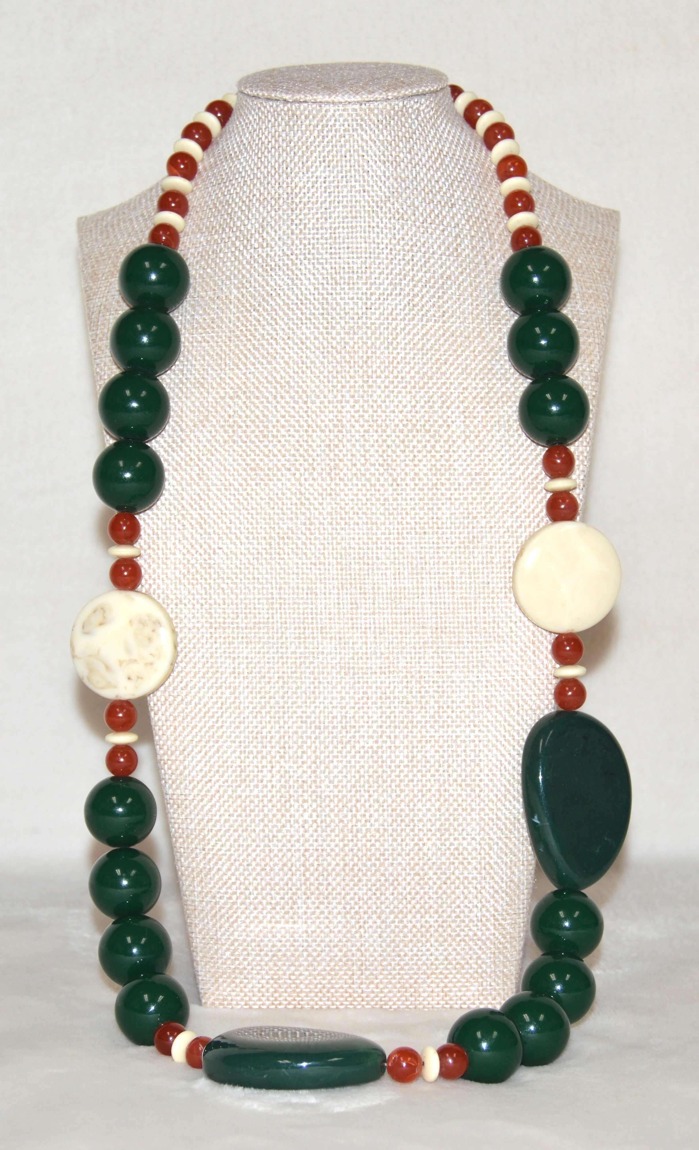 Vintage Beaded Necklace on Green,Brown and White