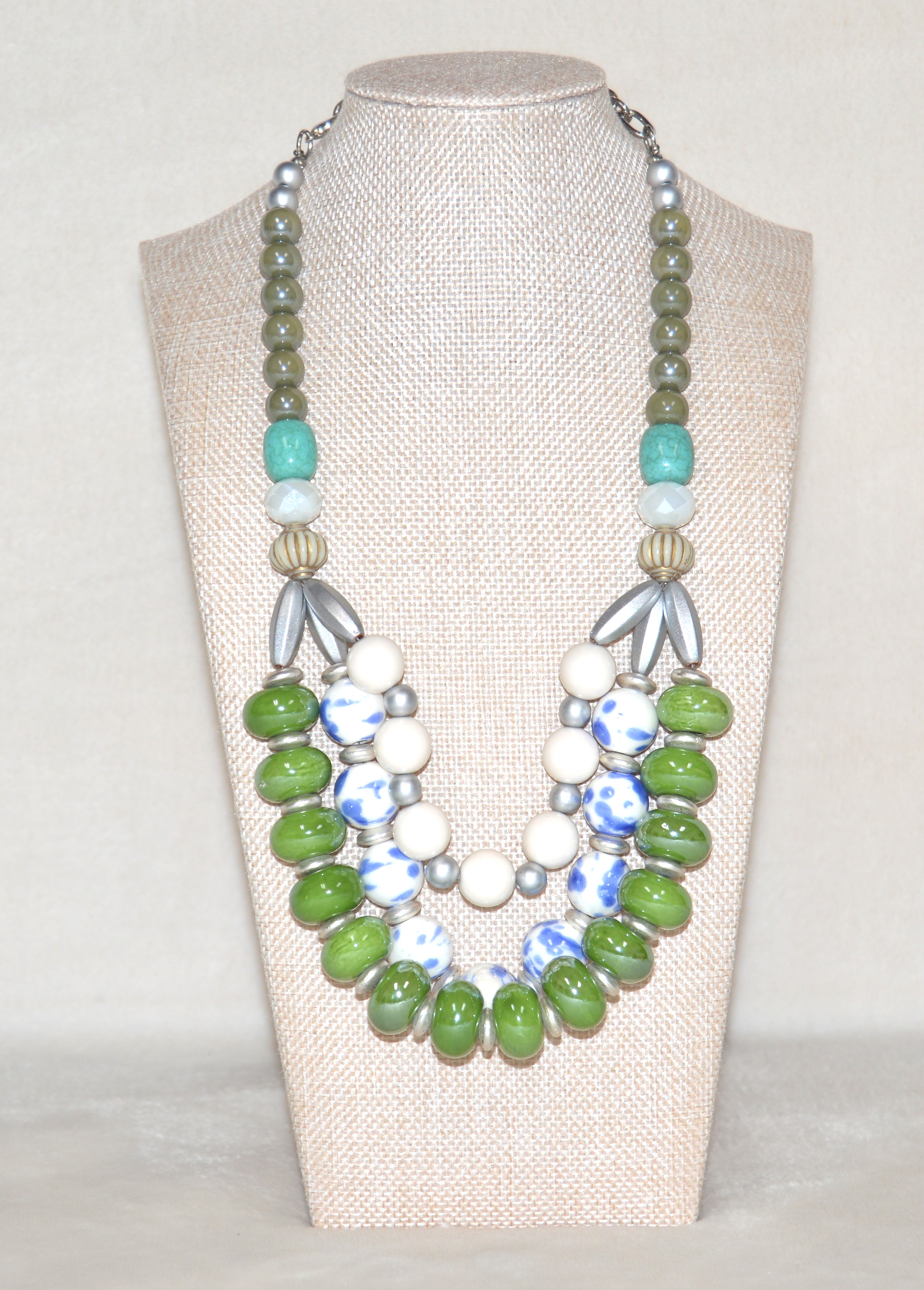 Beaded Necklace on Green,White and Blue
